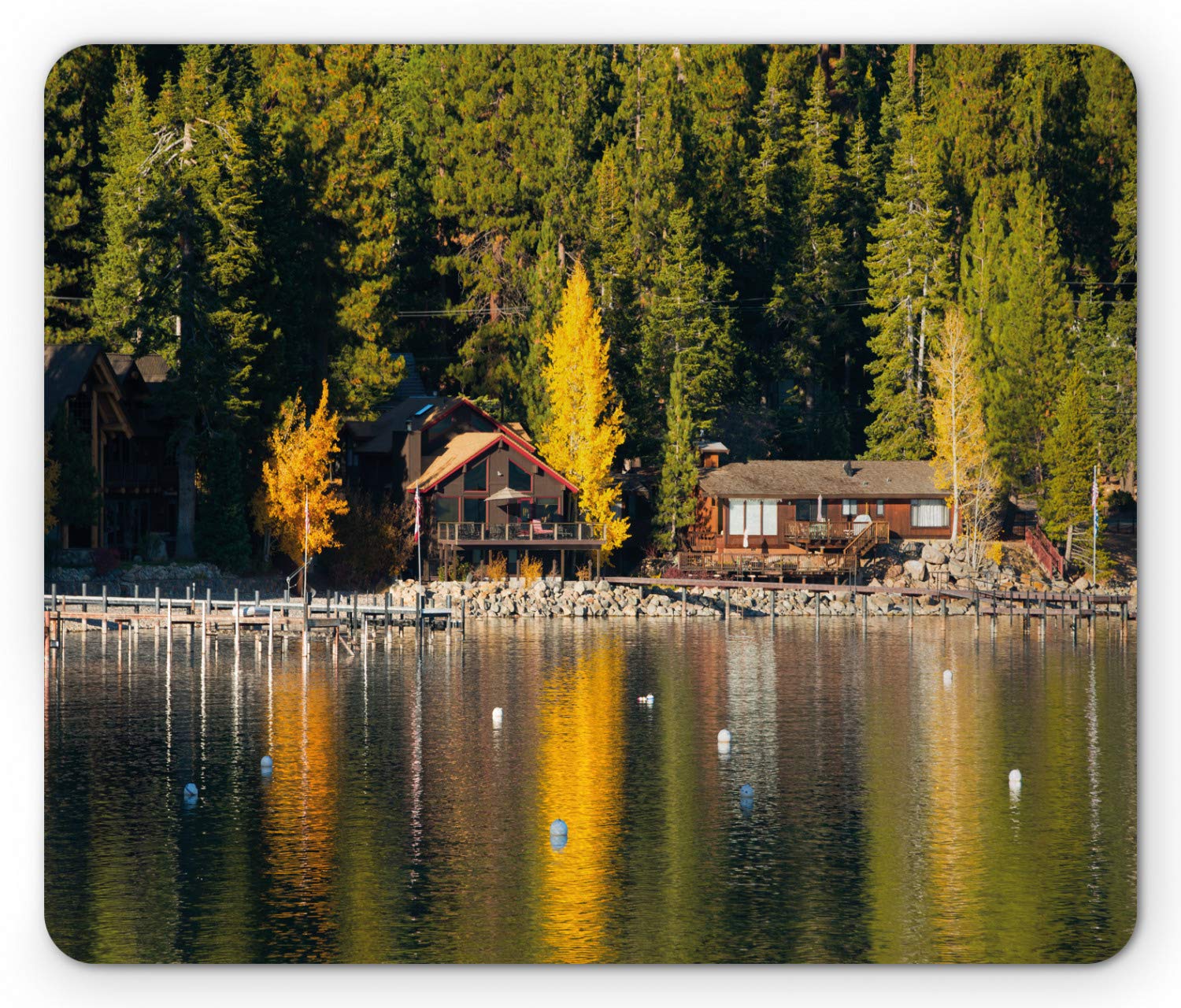 Ambesonne Lake Tahoe Mouse Pad - Non-Slip Rubber Desk Mat with Scenic Carnelian Bay Photography & Log Cabin Design, Standard Size Rectangle Mousepad for Office & Gaming - Perfect for Computer Workstations, Home Offices & Gaming Setups