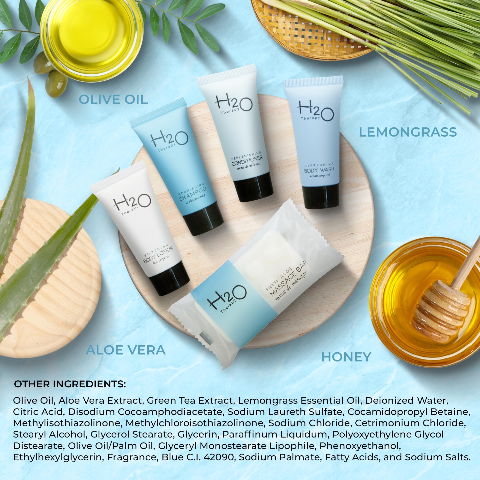 H2O Therapy Hotel Soiletries Bulk Set - 75 Piece Travel Amenities Kit with 0.85oz Shampoo, Conditioner, Body Wash, Lotion & 1oz Bar Soap | Perfect for Hotels, Spas, Travelers & Guest Bathrooms