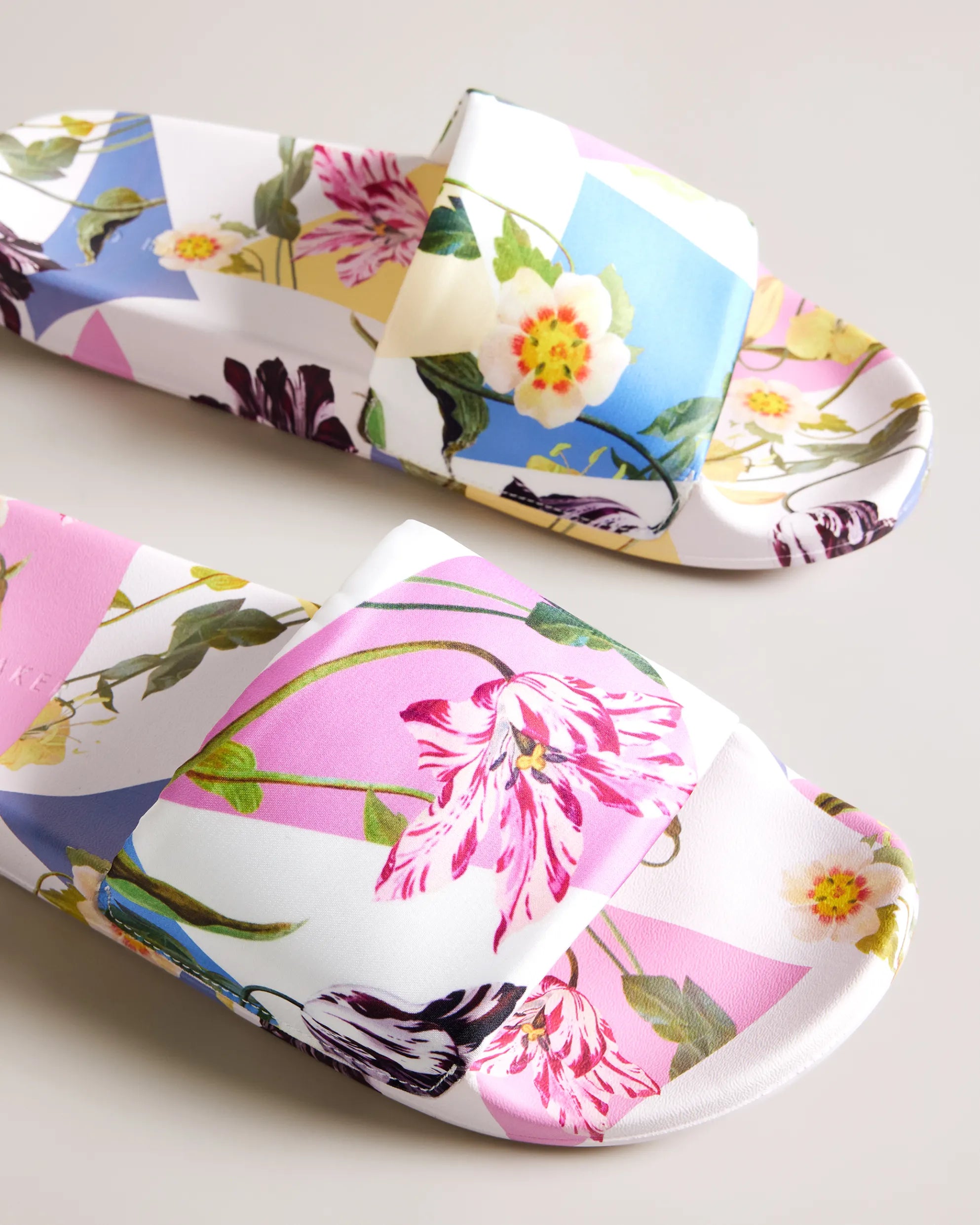 Azzyla Floral Printed Satin Sliders for Women - Comfortable White Slide Sandals for Summer, Beach, and Home Wear
