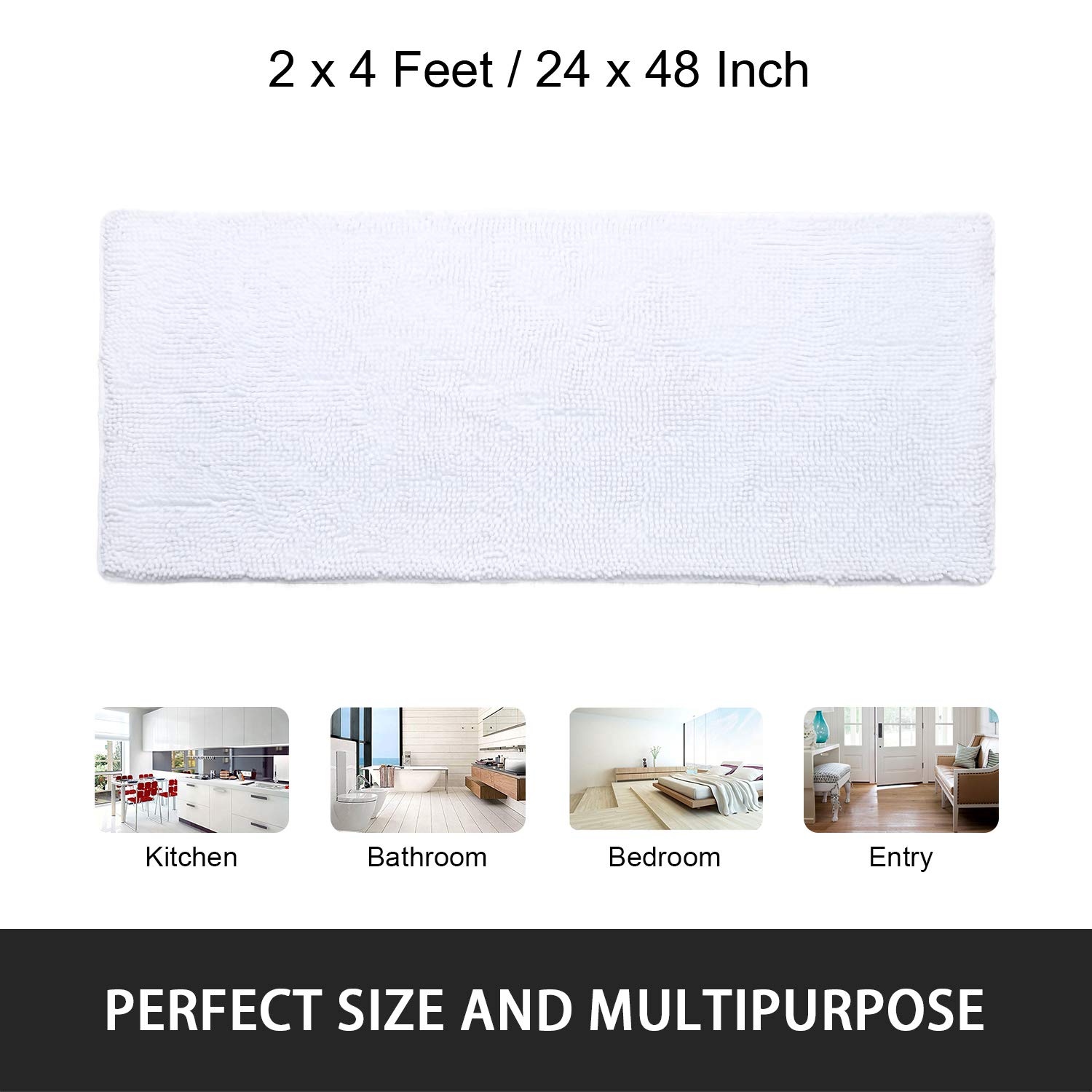 Noahas Soft Luxury Chenille Bathroom Rug 24'' x 48'' - Non-Slip Absorbent Bath Mat for Tub & Shower - Plush Microfiber Machine Washable Floor Carpet (White) - Perfect for Bathroom, Spa & Home Decor