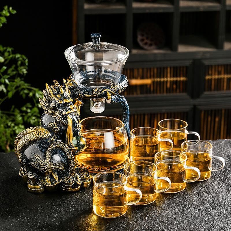 Premium Glass Teapot Set with Stainless Steel Infuser - Semi Automatic Dragon Design Tea Set with 6 Small Cups (Blue & Gold Dragon) - Perfect for Chinese Tea Ceremony, Home Decor & Gift Giving