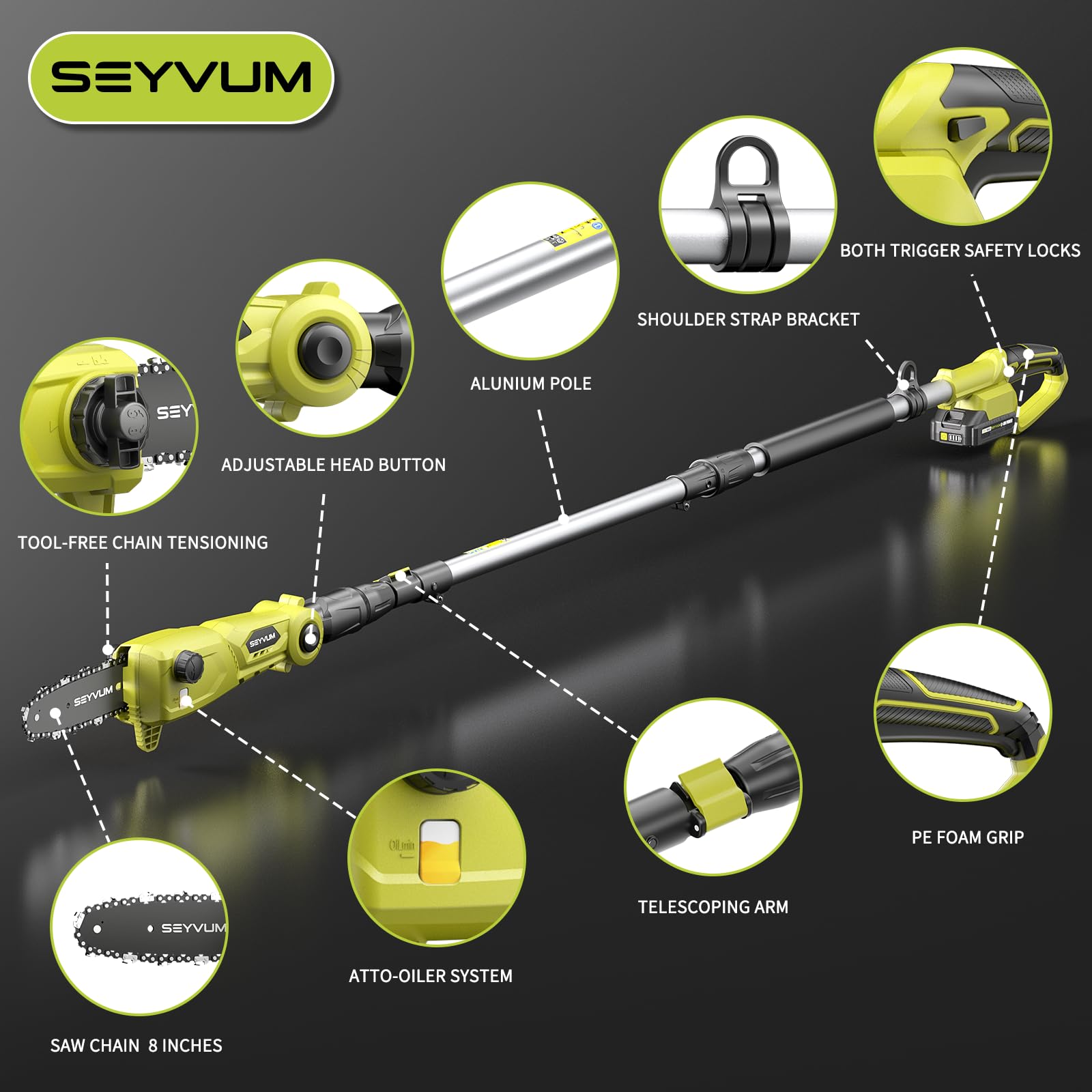 SEYVUM 8-Inch Cordless Pole Saw with Battery & Charger - 15-FT Telescoping Reach, Auto Oiling, Tool-Less Multi-Angle Adjustment for Tree Trimming, Pruning & Landscaping - Perfect for Garden Maintenance, Yard Work & DIY Projects
