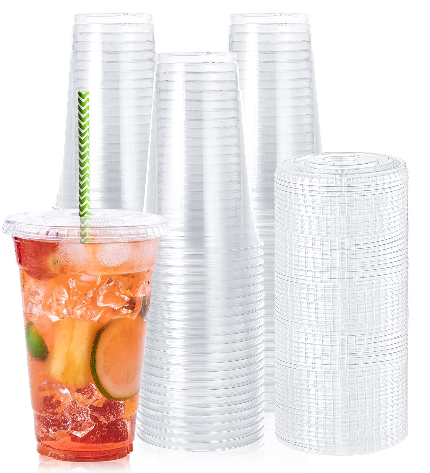 Lilymicky 60 Sets 24 oz Clear Plastic Cups with Flat Lids - Disposable Drinking Cups for Ice Coffee, Smoothies, Slurpee & Cold Beverages - Perfect for Parties, Picnics, BBQs & Office Use