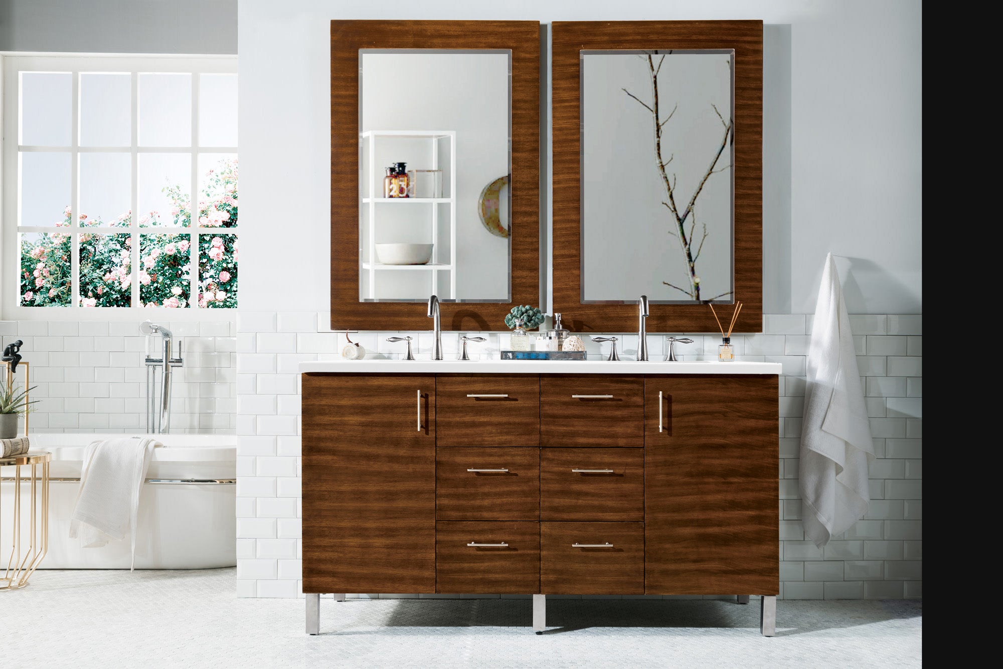 Metropolitan 60 Inch Double Bathroom Vanity with American Walnut Finish & 3CM Classic White Quartz Countertop - Perfect for Master Bathrooms, Guest Suites & Luxury Home Renovations