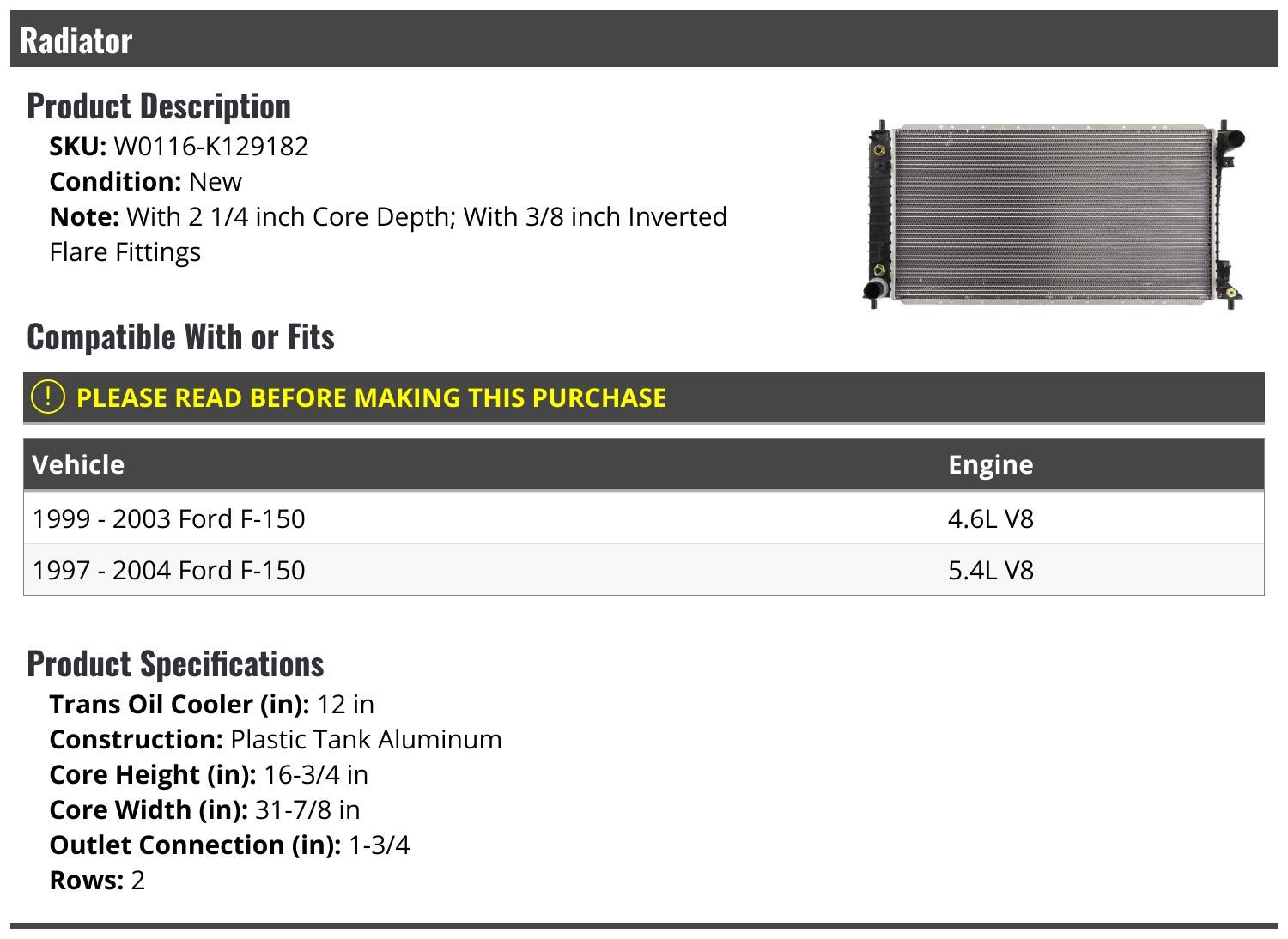 High-Performance Radiator with Transmission Oil Cooler & 3/8