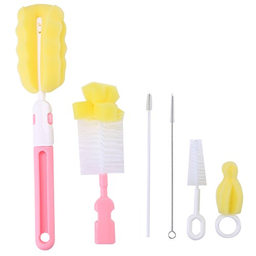 6Pcs Baby Bottle Brush Set with Flexible Rotating Sponge Head & Nipple Cleaner - Safe Infant Feeding Accessories for Newborns - Perfect Baby Shower Gift (Pink) | Ideal for Cleaning Bottles, Pacifiers & Breast Pump Parts