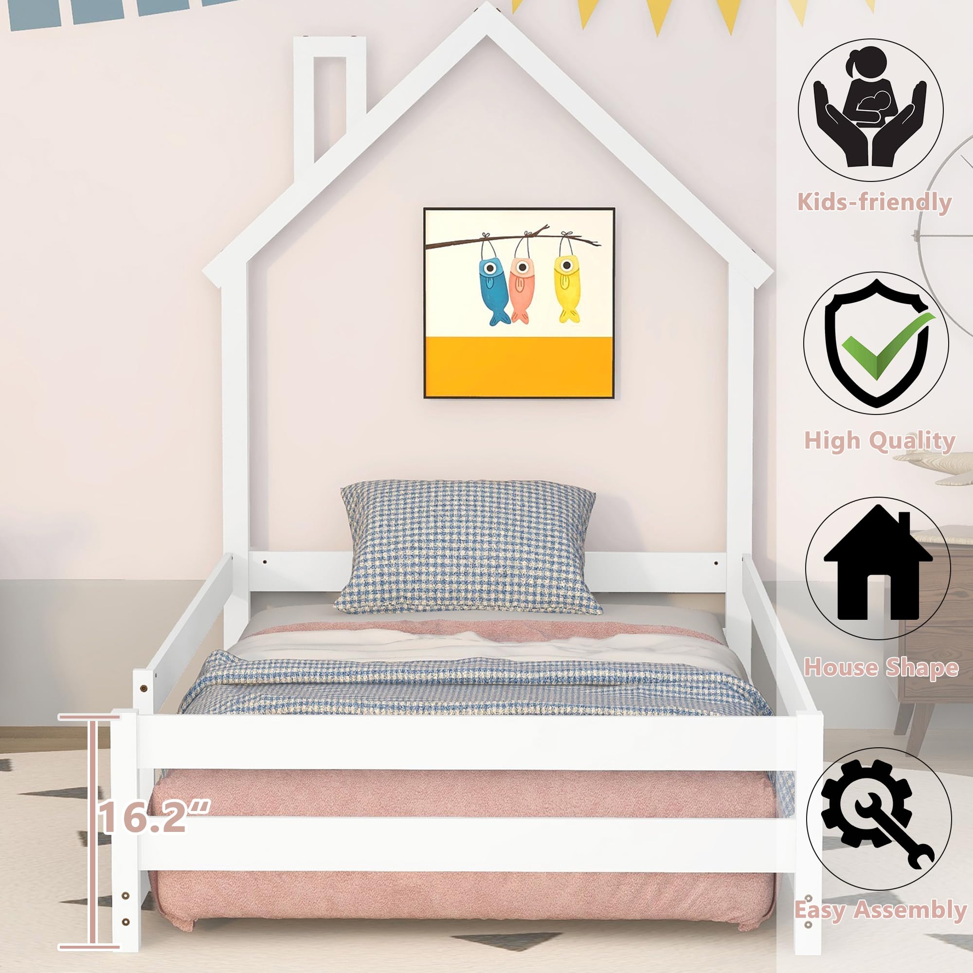 Bellemave Twin Size House-Shaped Headboard Floor Bed with Safety Fences - Solid Wood Montessori Bed for Kids, Toddlers & Teens - Playful House Bed Frame for Girls & Boys (White) - Perfect for Bedrooms, Playrooms & Montessori Learning Spaces