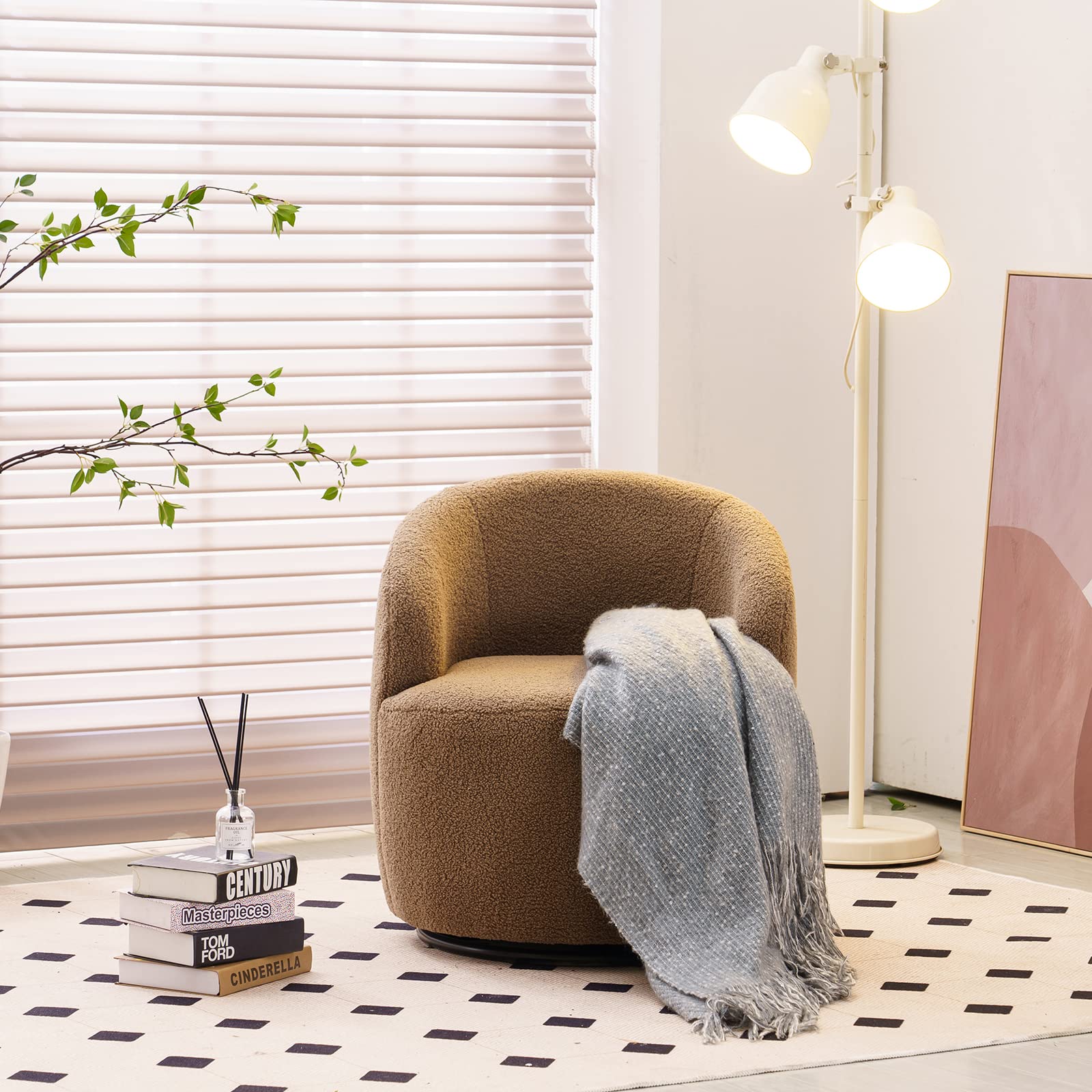 BEVUVA Barrel Chair - Teddy Fabric Swivel Accent Armchair with Black Powder Coated Metal Base, Chocolate Brown - Perfect for Living Room, Bedroom or Office Reading Nook