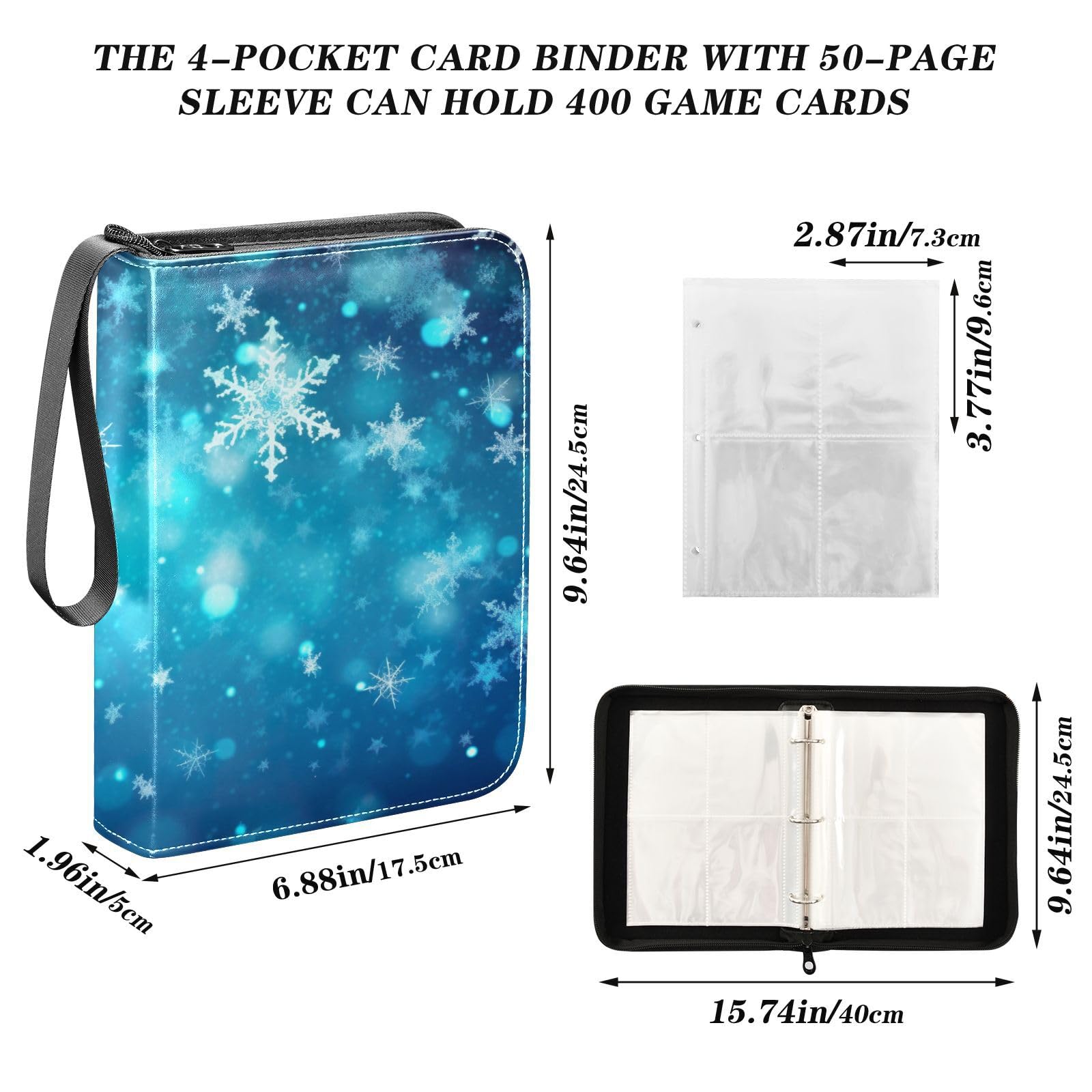 Winter Christmas Snowflakes 4-Pocket Trading Card Binder Book with 50 Sleeves - Holds 400 Cards, 3-Ring Album for Football, Pokemon & Collectible Cards - Perfect for Organizing, Displaying & Trading Game Cards