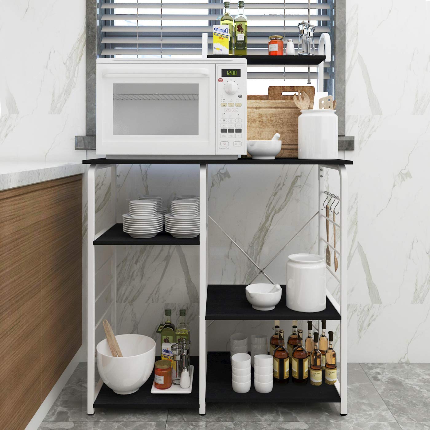 Soges Multi-Functional Kitchen Baker's Rack with Microwave Stand - Heavy Duty Storage Cart Workstation Shelf for Small Spaces - Black Brown 172-BK - Perfect for Kitchen Organization & Microwave Storage