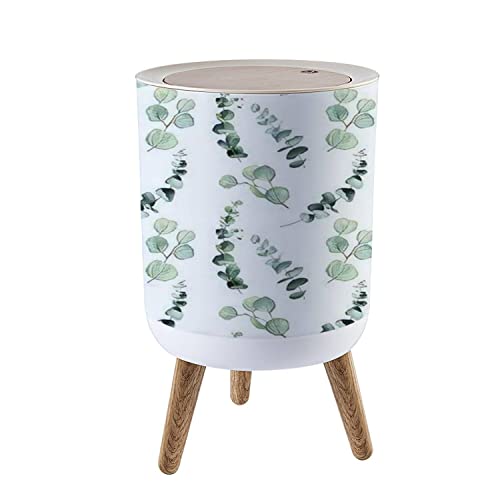 Watercolor Eucalyptus Trash Can with Lid - 7L/1.8 Gallon Small Wooden Waste Bin with Hand-Painted Floral Design for Kitchen, Bathroom & Bedroom | Eco-Friendly Press Cover Garbage Can for Home & Office Use