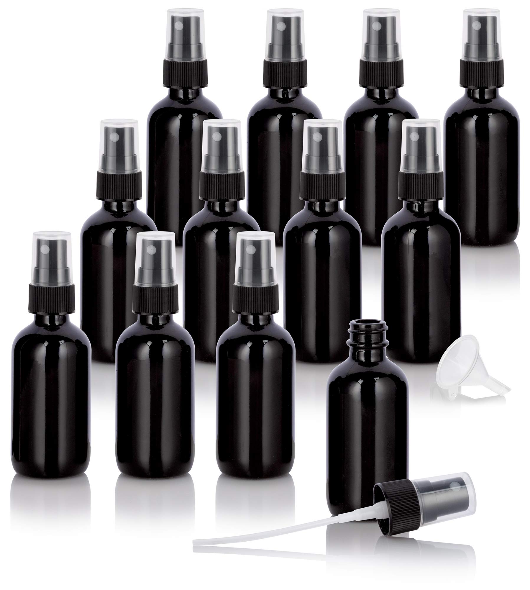 JUVITUS 12 Pack 2 oz Black Glass Boston Round Bottles with Fine Mist Spray - Airtessential Oil, Perfume & DIY Cosmetic Storage - Perfect for Travel, Home & Salon Use