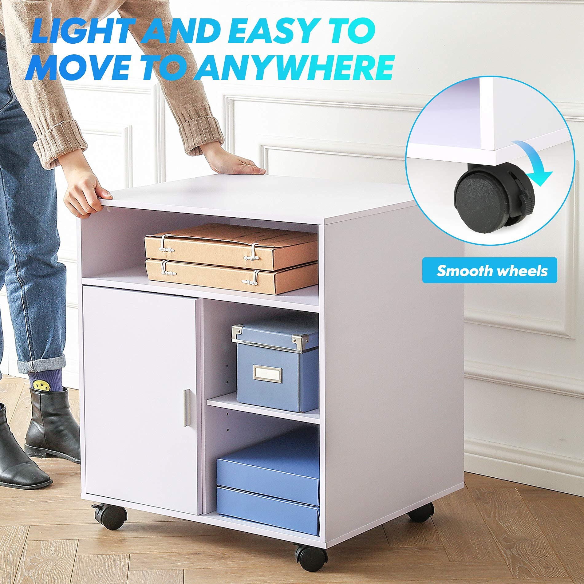 FITUEYES White Wooden Printer Cabinet with Door - Adjustable Shelves Mobile Printer Stand on Wheels for Home Office - Storage for File Folders, Ink Cartridges & Office Supplies (PS406005WW) | Perfect for Small Spaces & Organized Workspaces