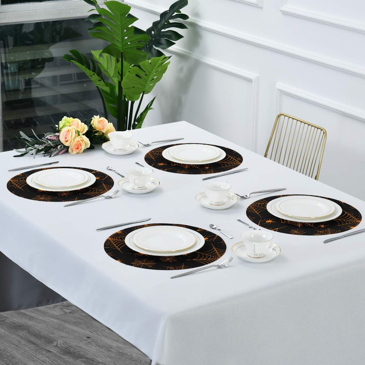 Halloween Spiderweb Round Table Mats Set of 1 - Heat Resistant Non-Slip Polyester Placemats for Dining Table Decor - Washable & Easy to Clean - Perfect for Halloween Parties, Thanksgiving Dinners & Holiday Home Decor