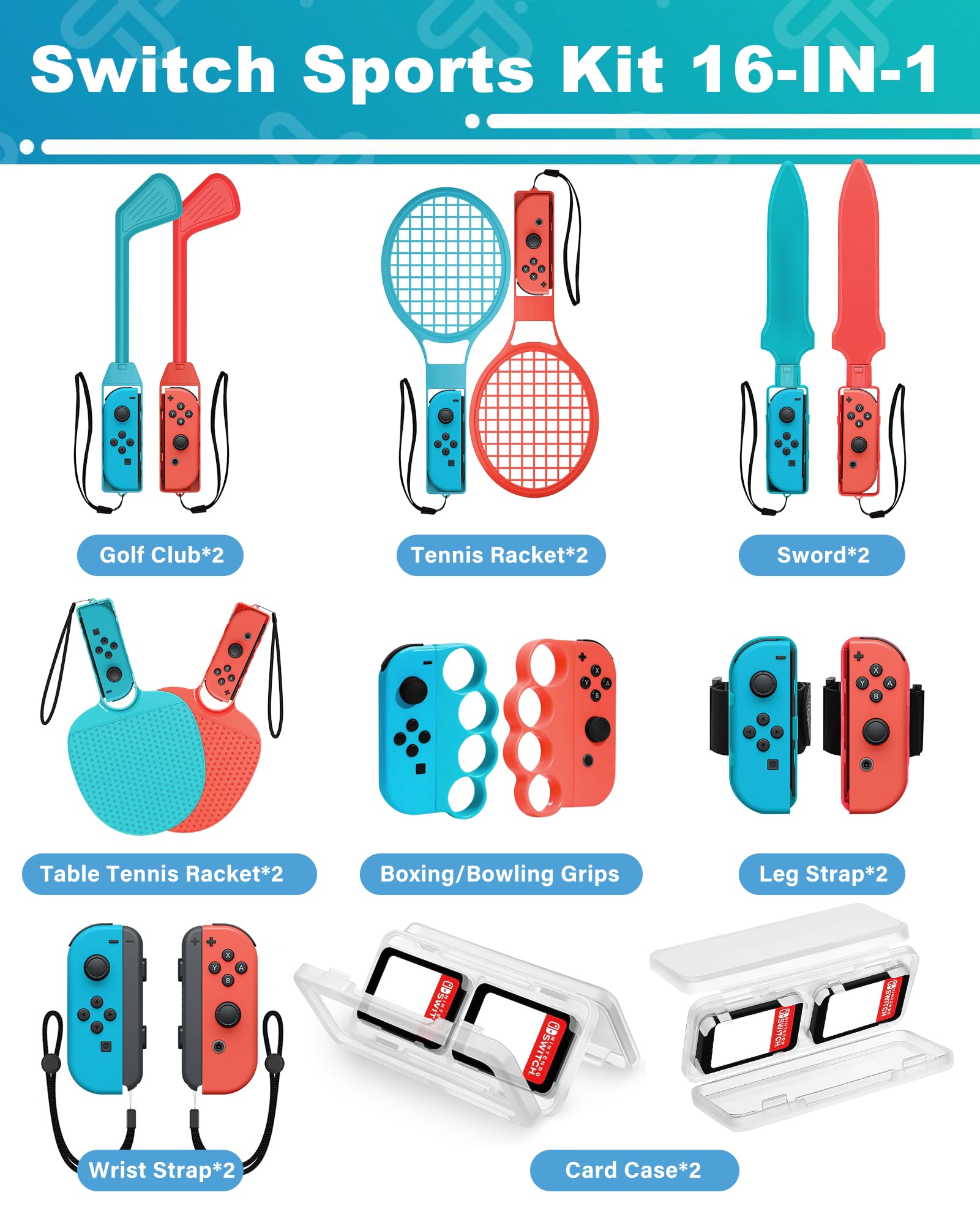 16-in-1 Nintendo Switch Sports Accessories Bundle Kit - Multiplayer Family Party Game Set for Switch/OLED - Perfect for Kids & Adults Indoor/Outdoor Sports Games