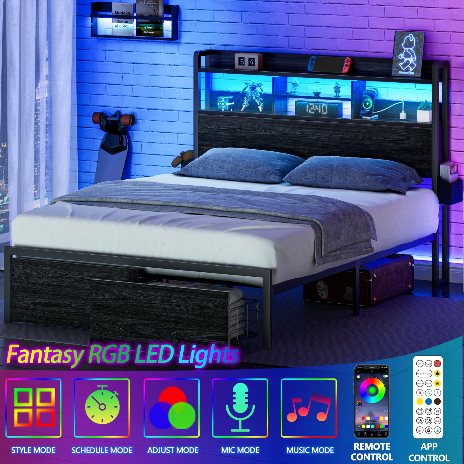 Full Size Bed Frame with Wood Headboard & Storage Drawers - Sturdy Metal Platform Bed with LED Lights, USB Charging Station & Shelf - No Box Spring Needed, Noise Free, Black - Perfect for Small Spaces, Dorms & Modern Bedrooms