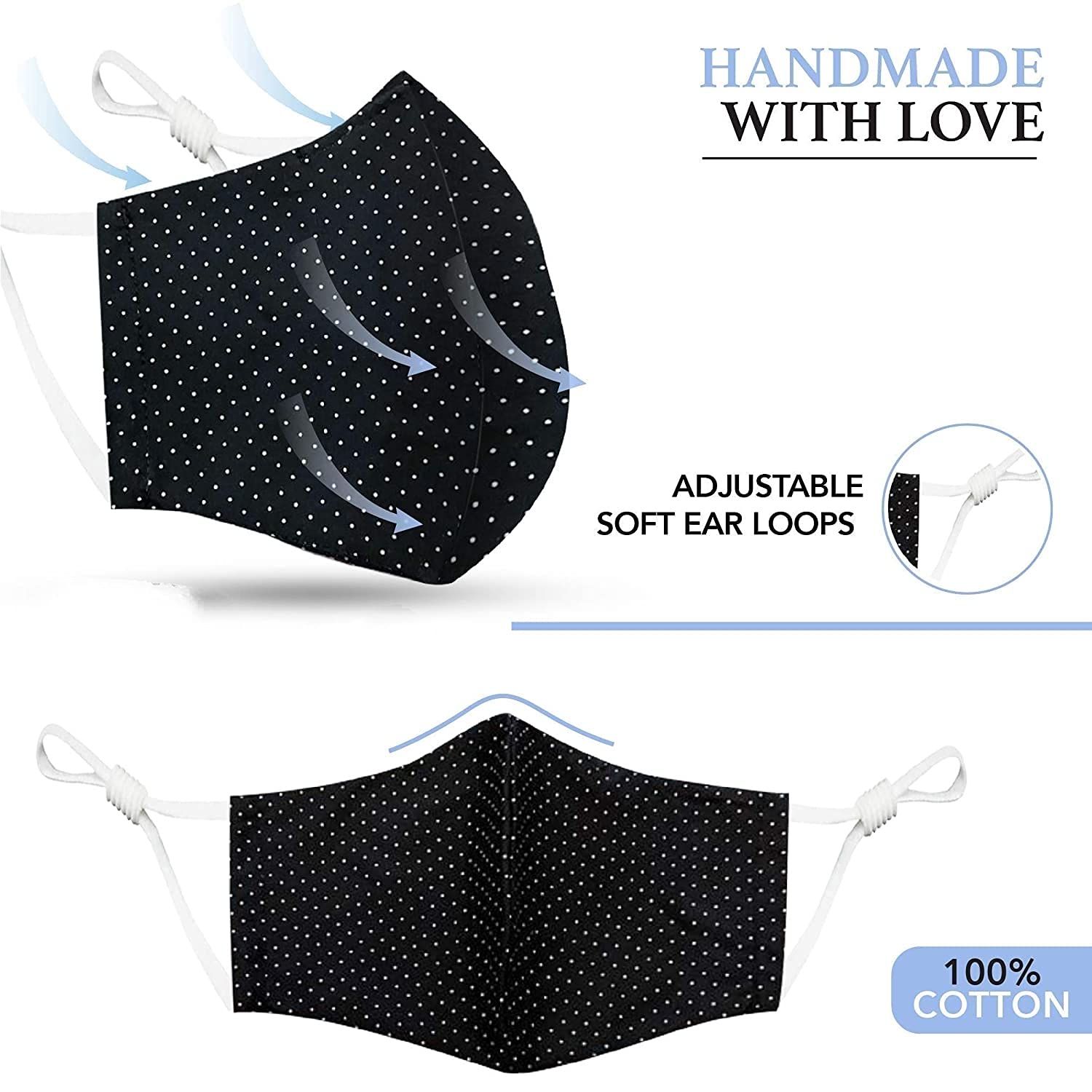MAPLE Cotton Face Mask 5 Pack - Handmade Washable Reusable 3-Layer Cloth Masks with Adjustable Ear Loops for Women & Men | Dots Pattern | Made in India | Perfect for Daily Use, Travel, and Outdoor Activities
