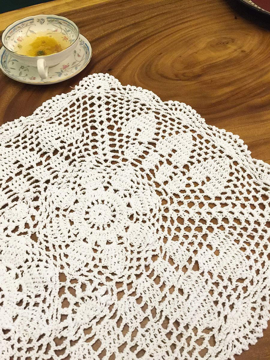 Handmade White Crochet Cotton Table Runner - 16x63 Inch Lace Doily Rectangular Dresser Scarf for Dining Table, Coffee Table, and Home Decor