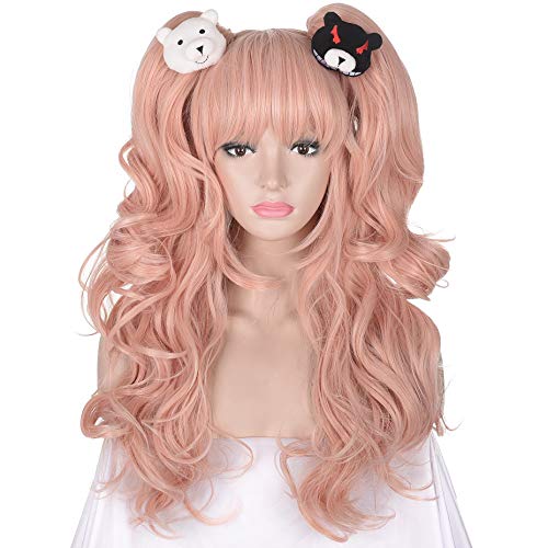 Junko Enoshima Cosplay Wig - Long Wavy Pink Anime Wig with Two Ponytails & Bear Hair Clips | Perfect for Danganronpa Costume, Halloween, Anime Conventions & Cosplay Events