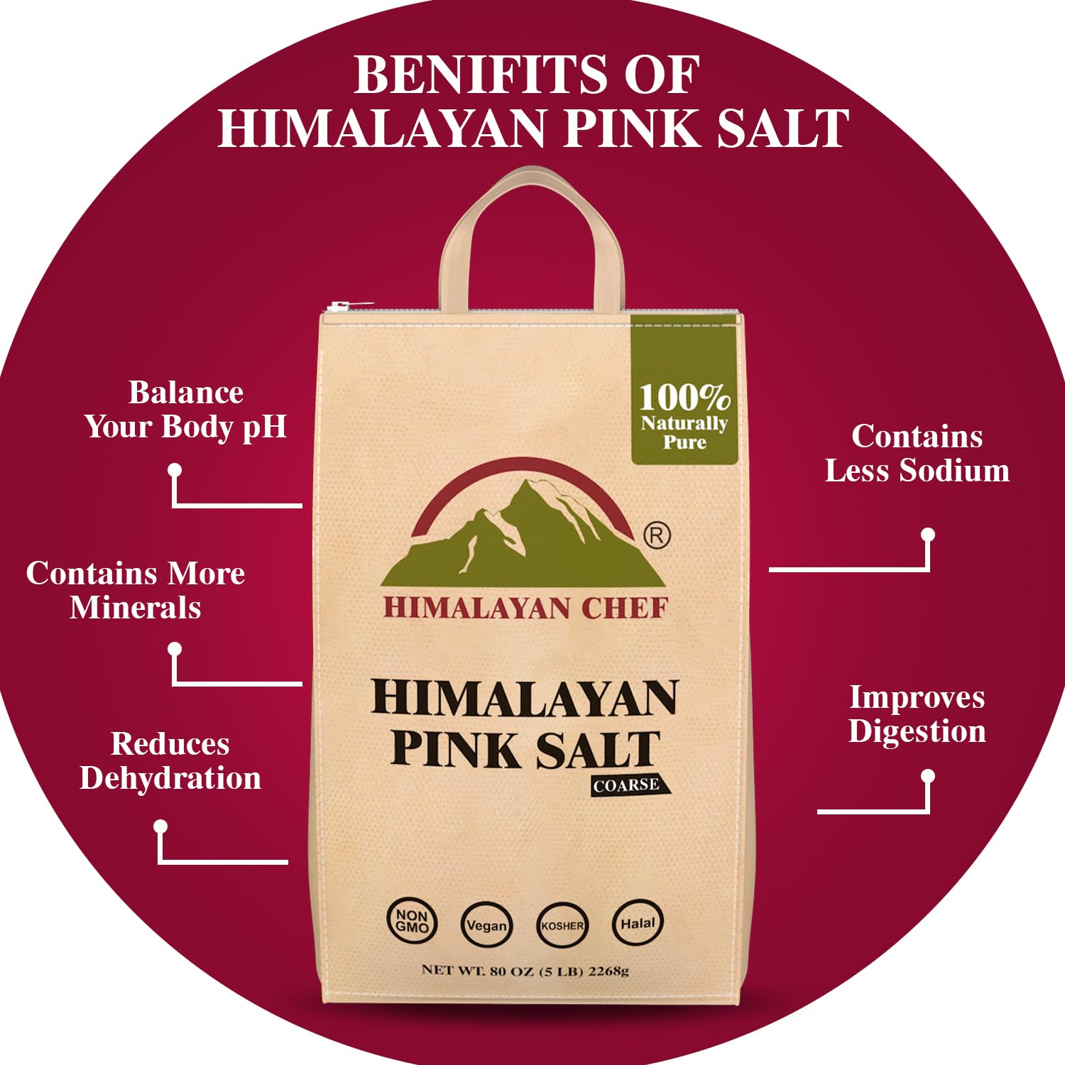 Himalayan Pink Salt Coarse Grain - 5lb Bulk Bag (80oz) for Salt Grinder Refill - 100% Natural, Non-GMO, Vegan, Halal & Kosher Certified - Perfect for Cooking, Seasoning & Gourmet Dishes