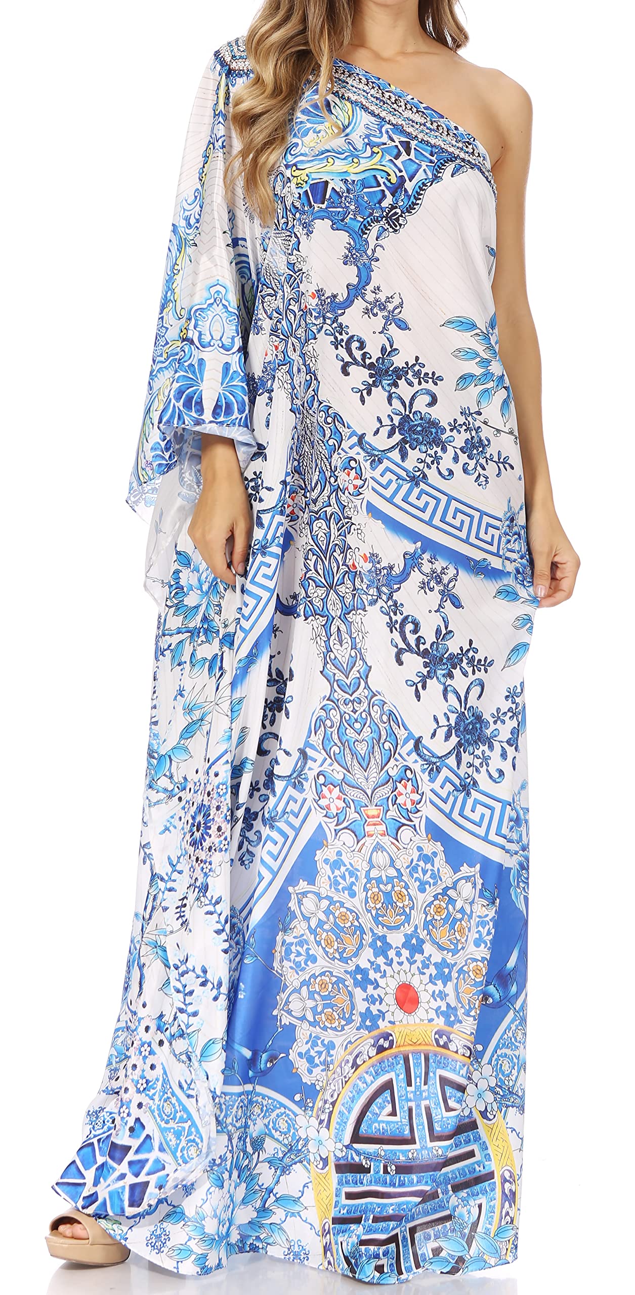 Sakkas Dora Women's One Shoulder Short Sleeve Floral Print Casual Elegant Maxi Dress for Summer Beach Party, Wedding Guest, Vacation & Date Night