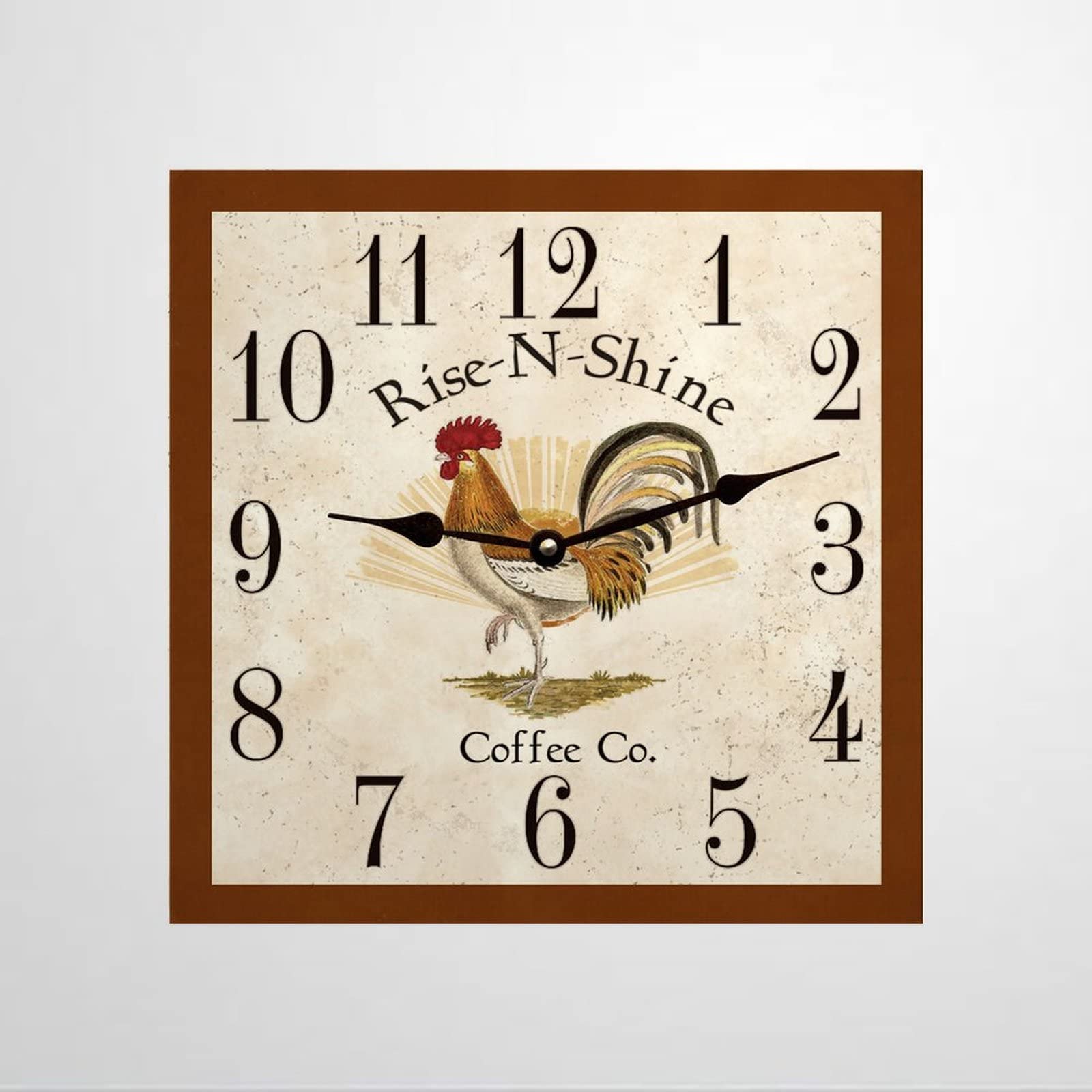 Vintage Rooster Wall Clock - 10 Inch Silent Battery Operated Square Wooden Clock for Home & Office Decor - Perfect Housewarming Gift for Kitchen, Living Room, Bedroom or Farmhouse Style Spaces