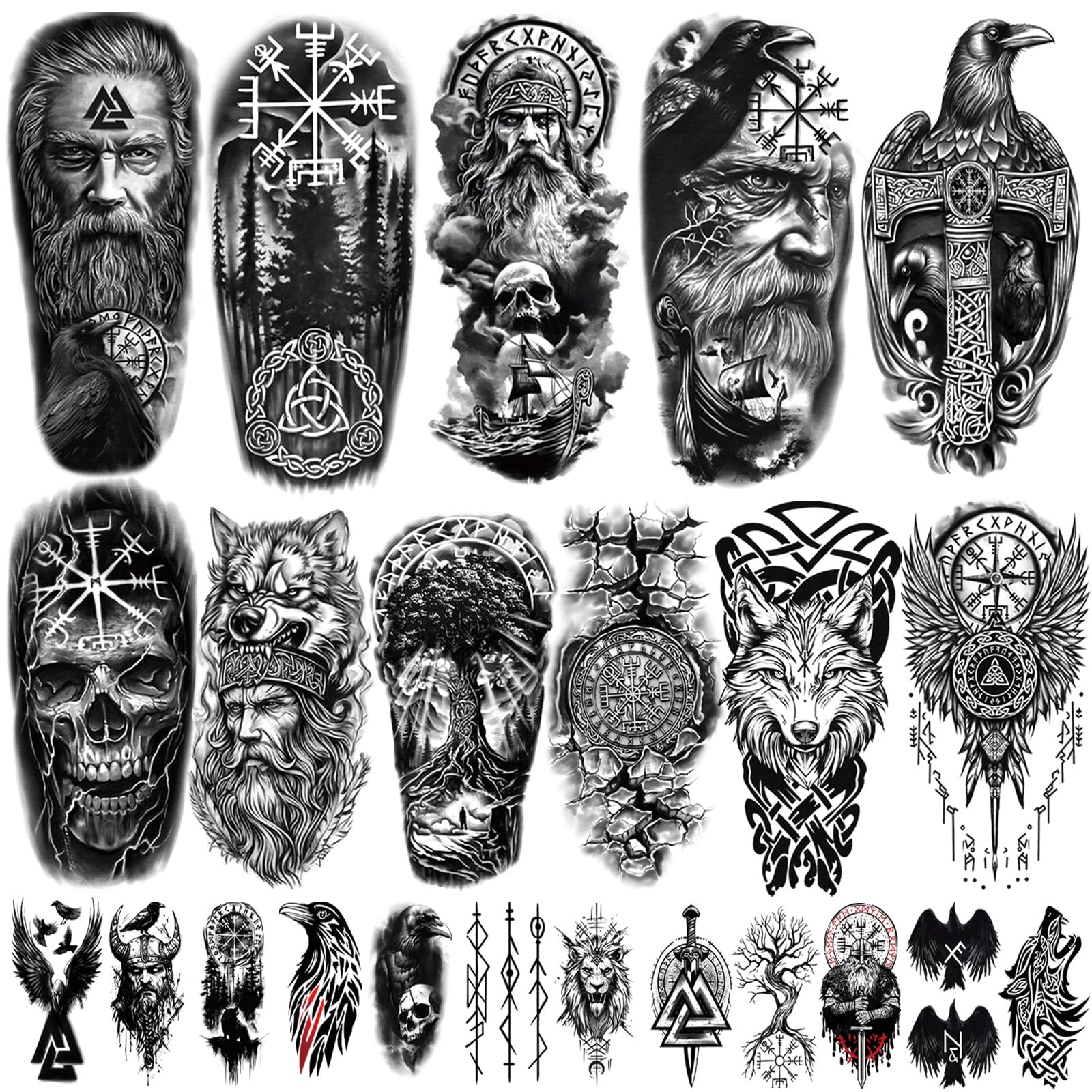 77 Sheets Viking Temporary Tattoos for Adults - Norse Celtic Tribal Fake Tattoo Stickers with Yggdrasil & Valknut Designs - Perfect for Viking Costumes, Cosplay, Halloween, Themed Parties & Events (Men, Women, Kids)