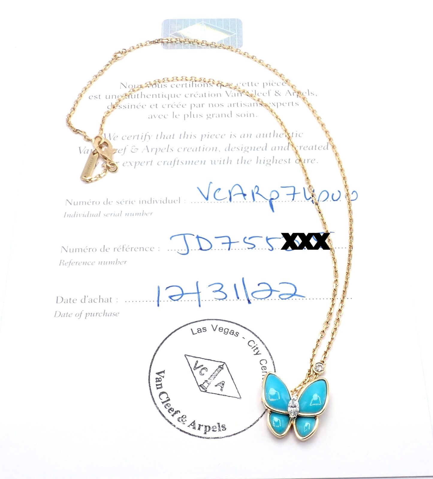 Van Cleef & Arpels 18k Gold Diamond Turquoise Butterfly Pendant Necklace with Certificate - Luxury Jewelry for Women, Perfect for Weddings, Anniversaries & Special Occasions