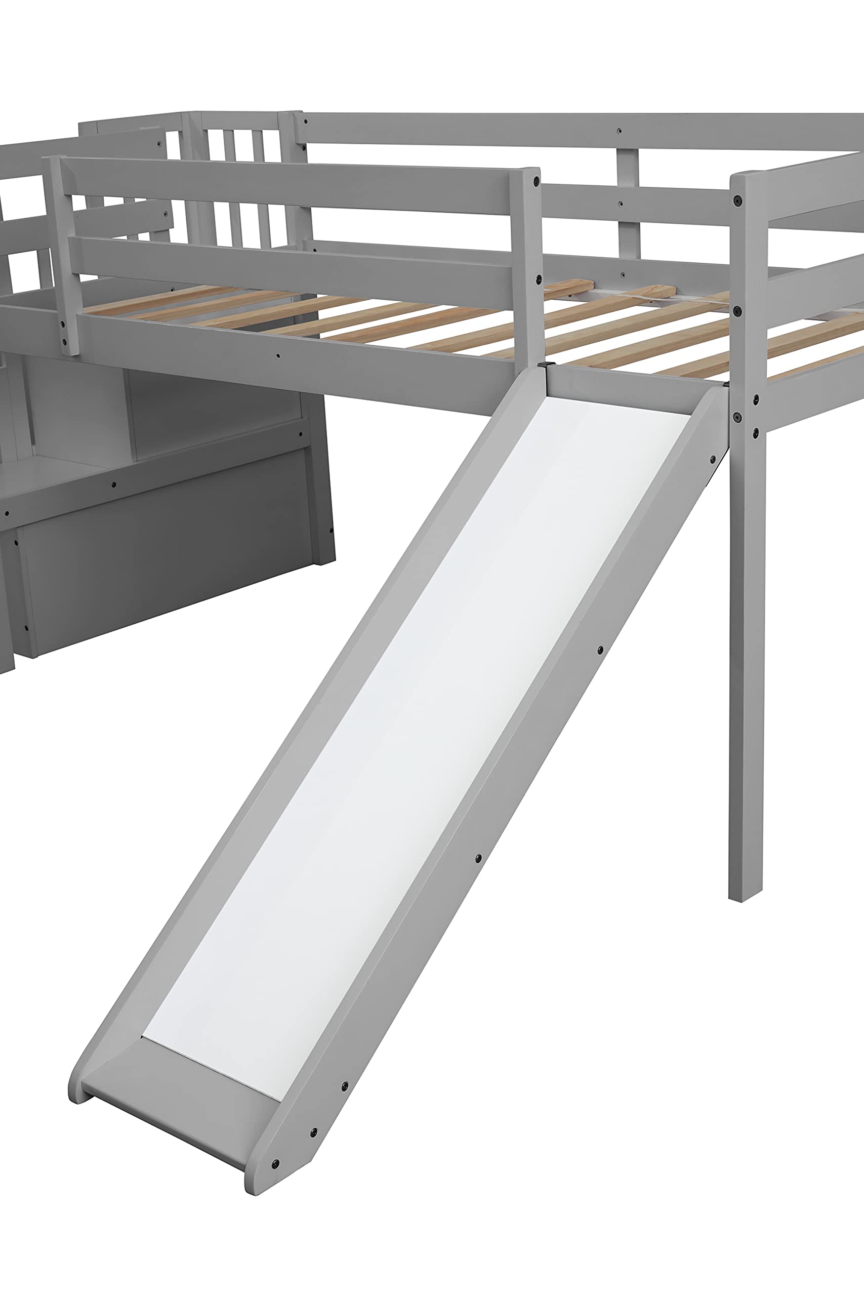 Merax Solid Wood Twin Size Low Loft Bed with Adjustable Slide & Staircase - Grey | Space-Saving Kids & Teens Bedroom Furniture | No Box Spring Needed | Perfect for Small Rooms, Dormitories & Apartments