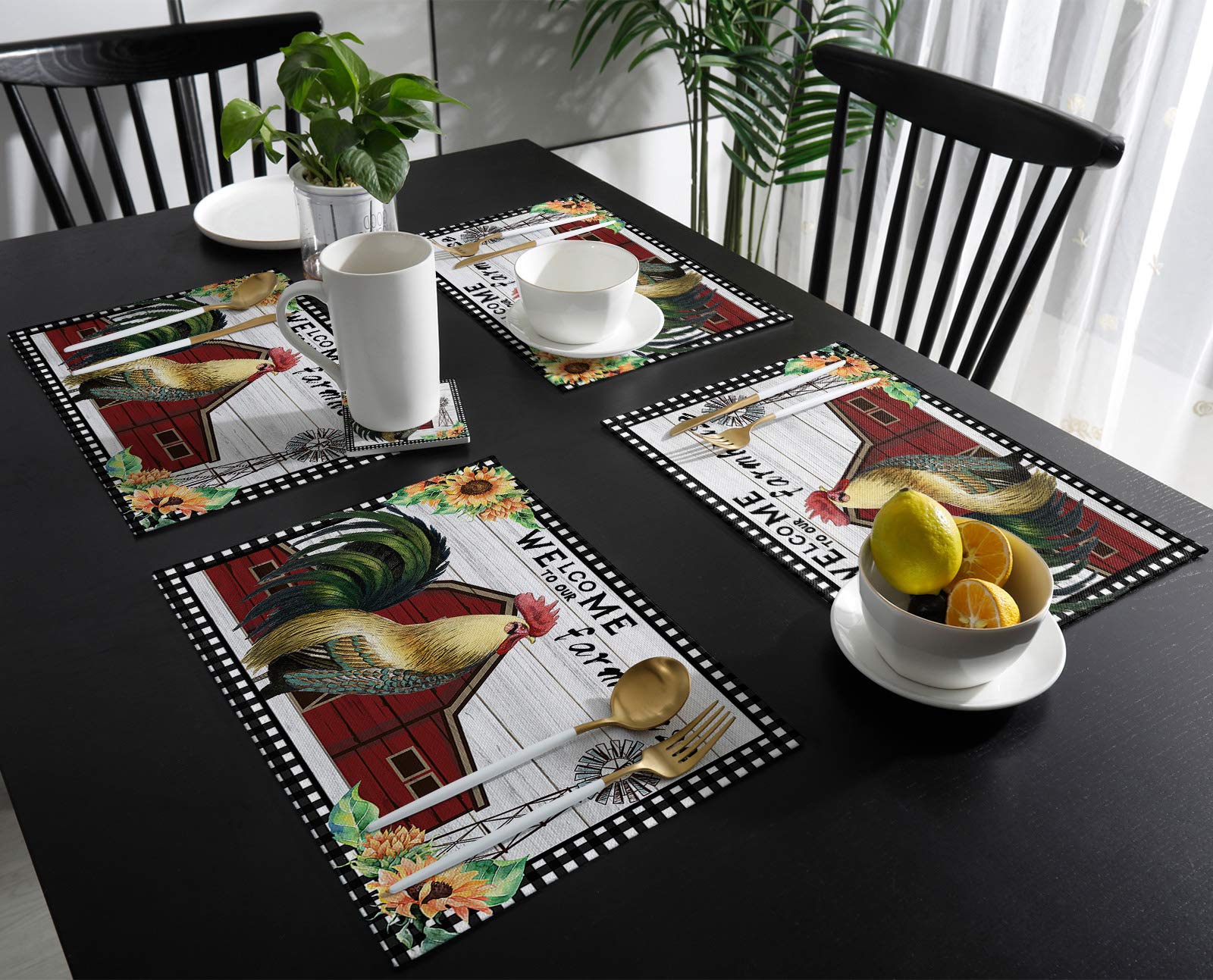 Farmhouse Style Washable Placemats Set of 6 - Rooster Welcome Design, Black White Plaid Wooden Stripes, 13