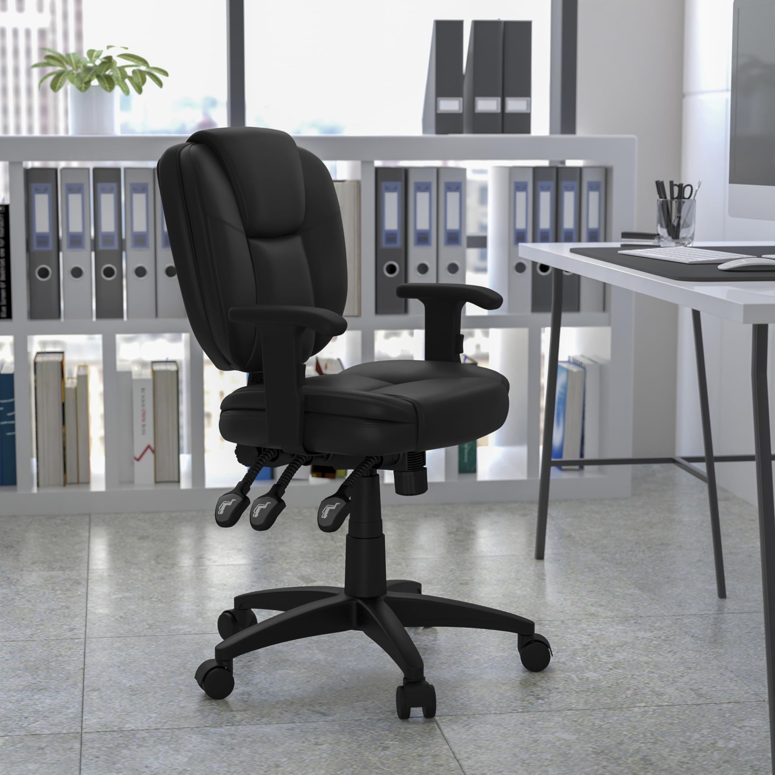 Premium Ergonomic Office Chair - Flash Furniture Caroline Mid-Back Black LeatherSoft Swivel Task Chair with Lumbar Support & Adjustable Arms for Home Office, Gaming, and Workspace Comfort
