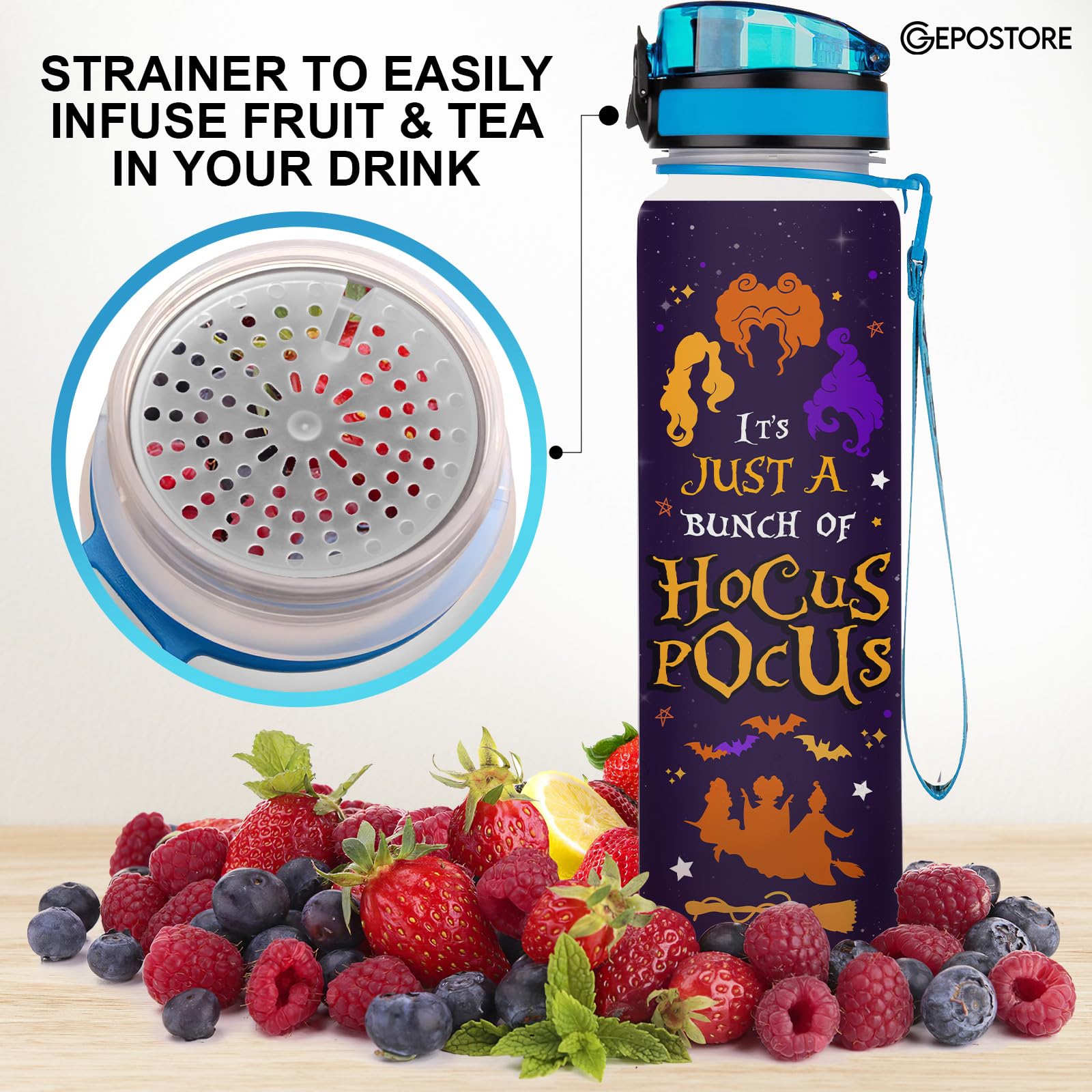 Hocus 32 Oz Insulated Water Bottle with Time Marker - Motivational Movie Character Design - Perfect for Gym, Hiking & Work - Great Gift for Movie Lovers
