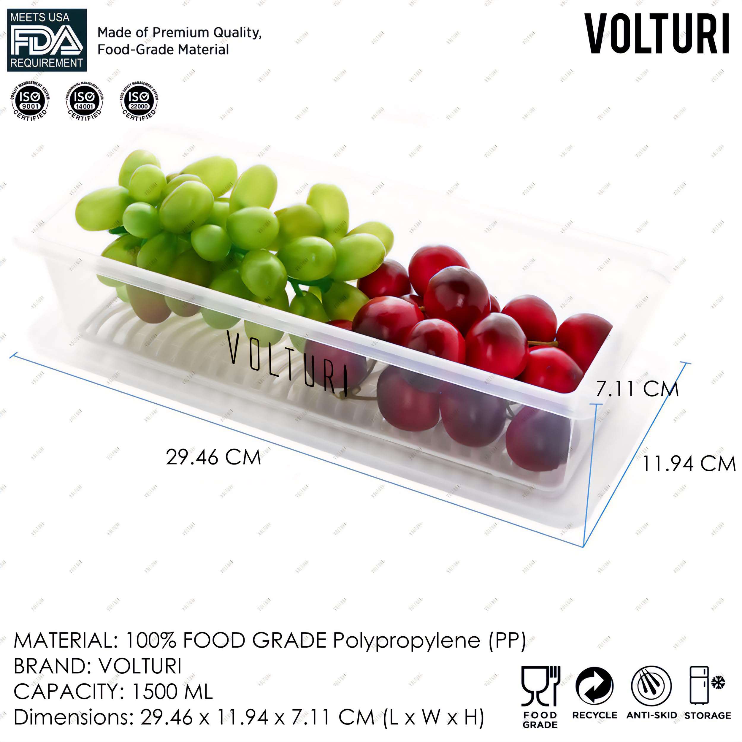 VOLTURI 6-Pack Fridge Storage Containers with Removable Drain Plate & Lids - Stackable Food Organizer for Fruits, Vegetables - 1500ML BPA-Free Kitchen Storage Boxes - Perfect for Meal Prep & Refrigerator Organization