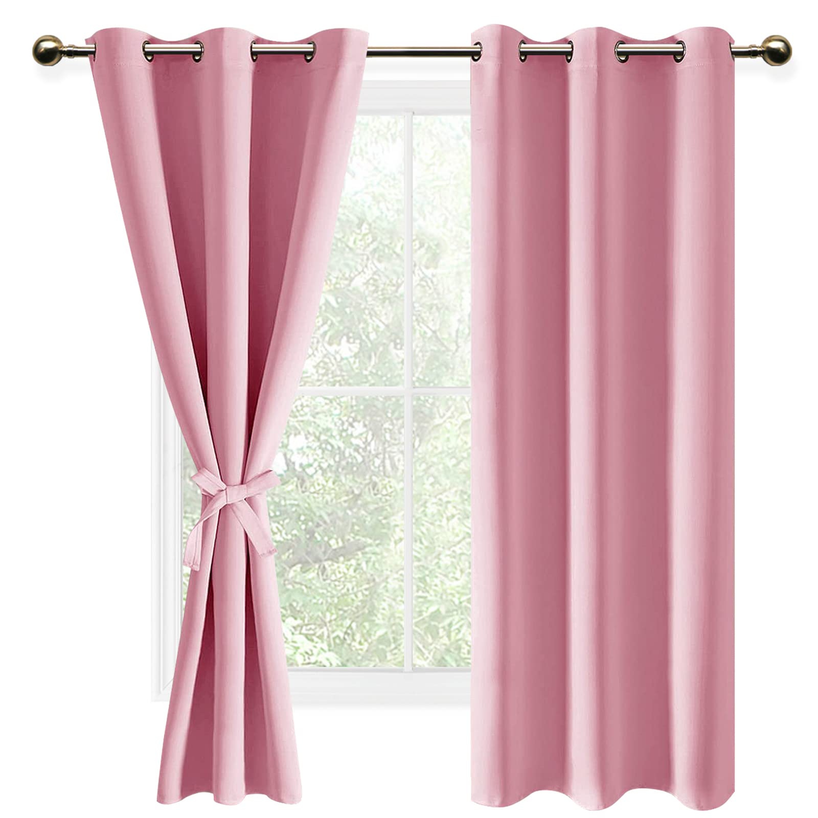 DWCN Blackout Curtains for Bedroom & Living Room - Thermal Insulated Room Darkening Window Drapes with Grommet Top & Tiebacks, 42 x 63 Inch, Pink (Set of 2 Panels) - Perfect for Night Shift Workers, Light Sleepers & Home Theater Rooms