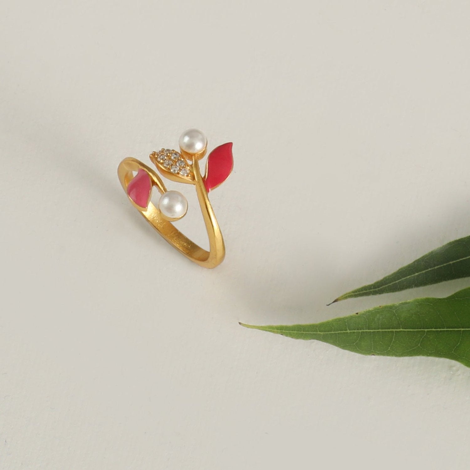 Elegant Eriha Pearl Statement Ring with CZ Pink Leaf Design - Perfect for Weddings, Parties & Special Occasions