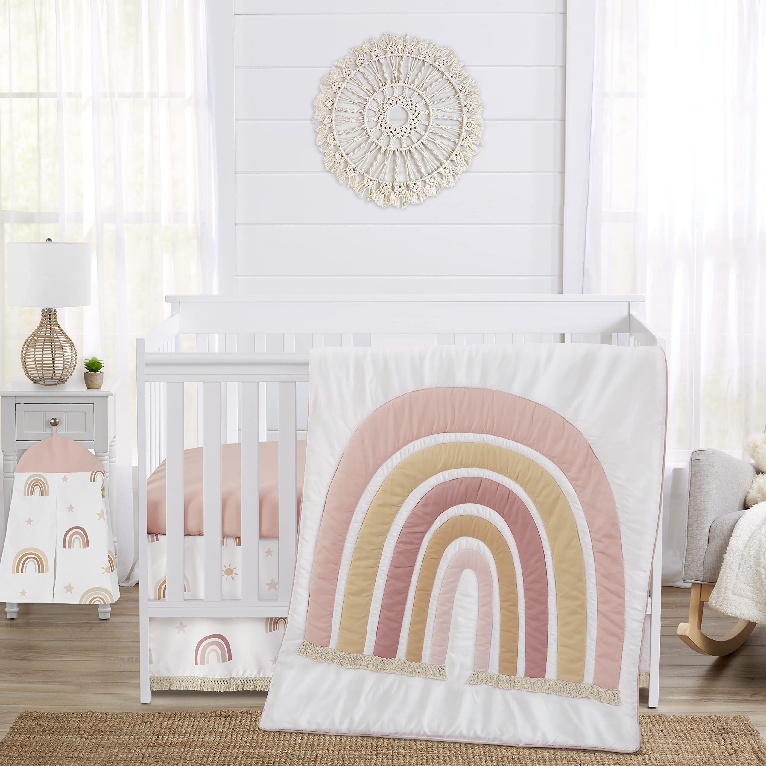 Sweet Jojo Designs Boho Rainbow Baby Girl Nursery Crib Bedding Set - 4 Piece Crib Skirt, Fitted Sheet, Pillowcase & Blanket - Blush Pink, Dusty Rose, Gold, Yellow, Mauve, Taupe, Beige - Bohemian Stars & Sun Celestial Vintage Sky Design with Macrame Tassel Fringe - Perfect for Boho Chic Nursery Decor & Baby Shower Gifts
