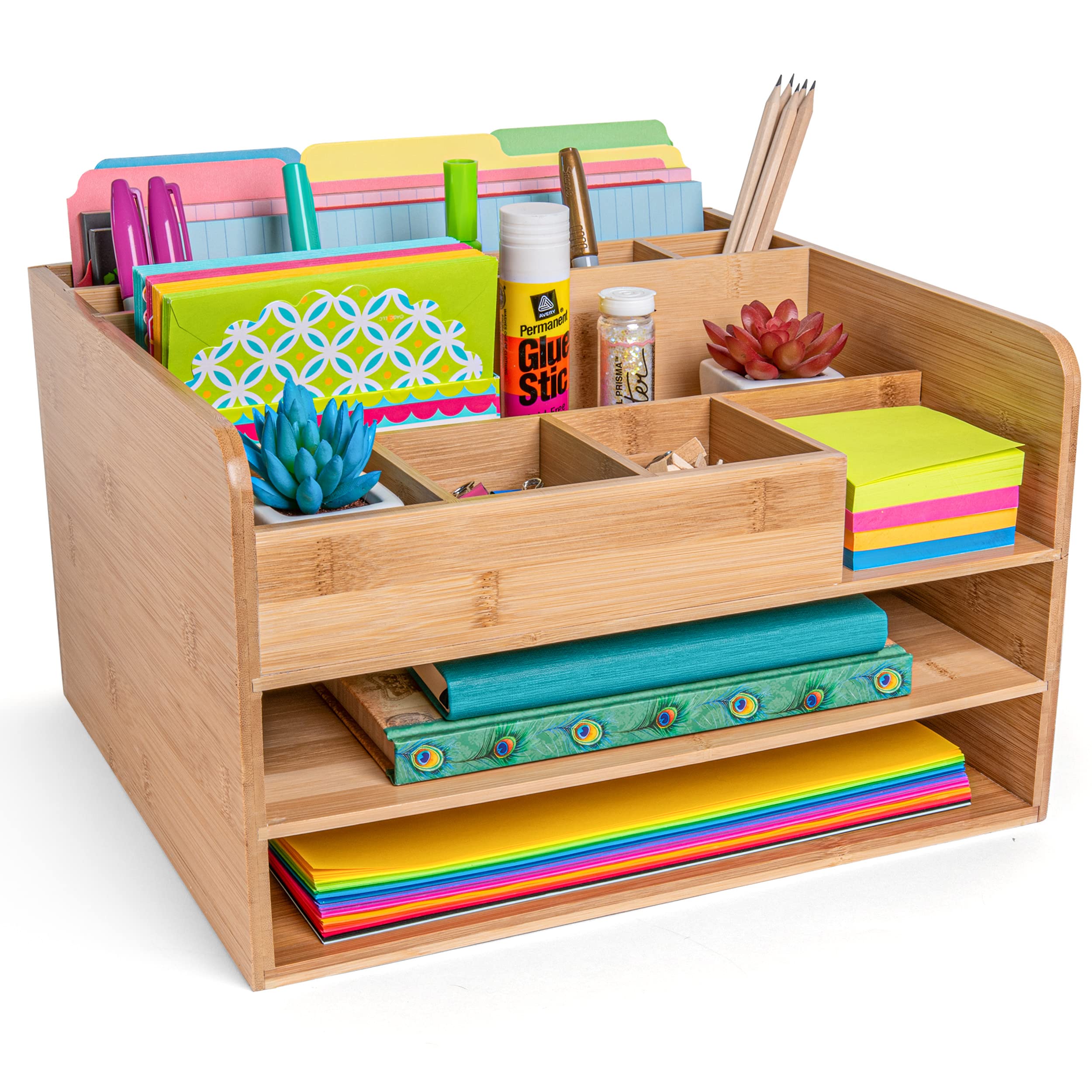Premium Bamboo Wood Desk Organizer - 2-Tier File Trays & Storage Bins for Vertical Files, Pens, Notepads & Office Supplies | Perfect for Home Office, Study & Workspace Organization