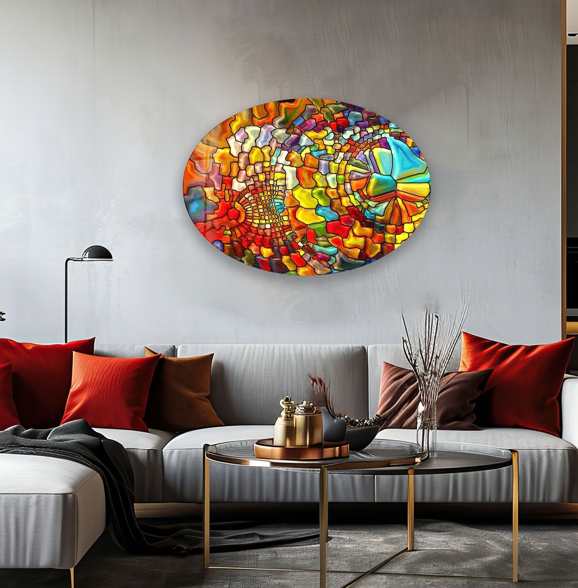 Handmade Asymmetric Oval Stained Glass Wall Art - Vibrant Colored Glass Panel for Home Decor, Living Room, Bedroom & Office - Unique Gift Idea for Housewarming & Holidays