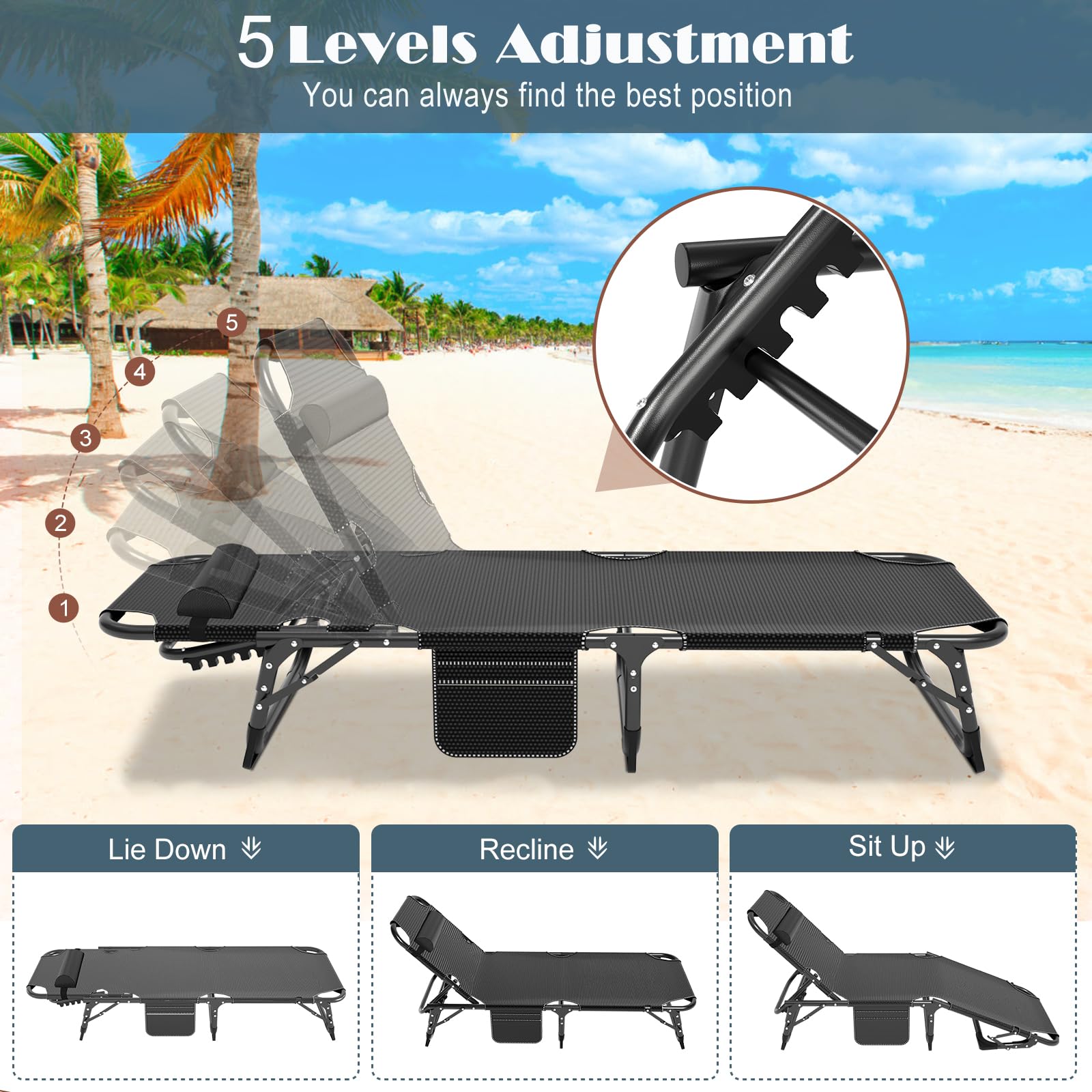 5-Position Reclining Folding Chaise Lounge Chair - Portable Outdoor Patio Sunbed for Adults - Perfect for Poolside, Beach, Camping, Backyard & Sunbathing - Lightweight & Durable for Travel & Relaxation