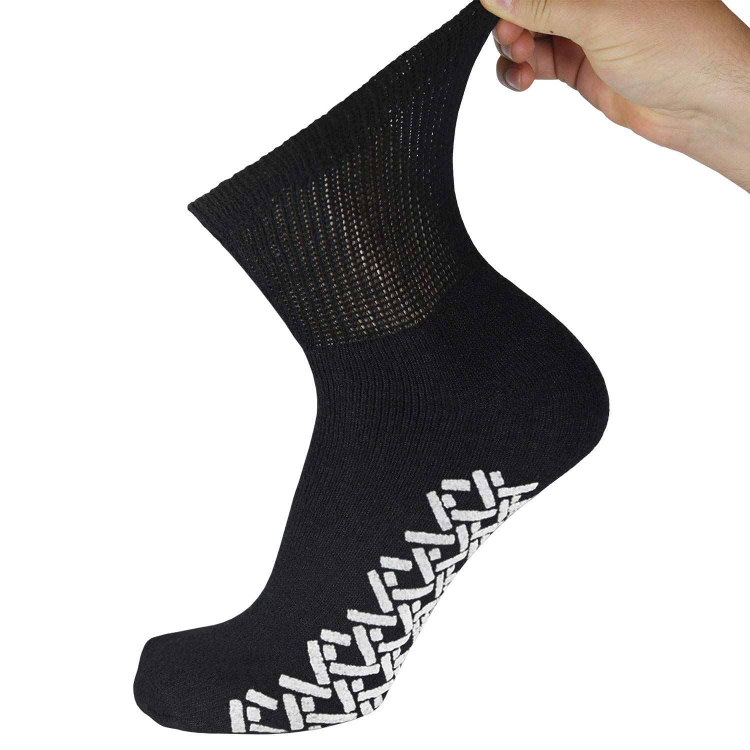 12 Pairs Men's Non-Slip Diabetic Cotton Quarter Socks - Breathable Therapeutic Socks with Non-Binding Top & Gripper Soles for Foot Care (Black, Size 10-13) - Ideal for Daily Wear, Diabetes Management & Elderly Comfort