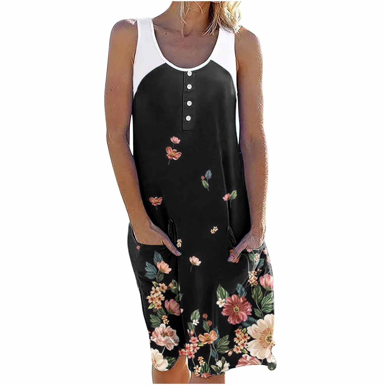 Women's Casual Summer Sleeveless Pleated Sun Dress with Pocket - Knee Length Flowy Tank Dress for Beach, Vacation & Outdoor Activities