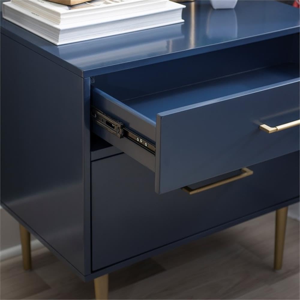 Linon Dylan Wood Nightstand with 2 Drawers, Gold Accents, Navy Blue - Modern Bedside Table for Bedroom, Guest Room & Nursery Storage