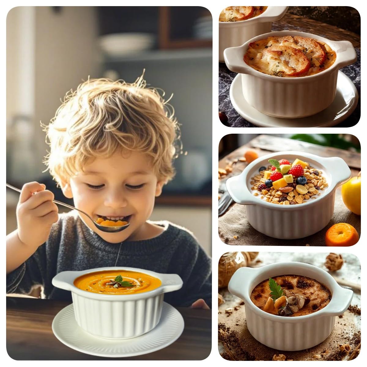 12 Oz French Onion Soup Bowls with Handles - Set of 6 Oven-Safe Ramekins for Beef Stew, Chili, Cereal & Dessert | Perfect for Baking, Serving & Entertaining