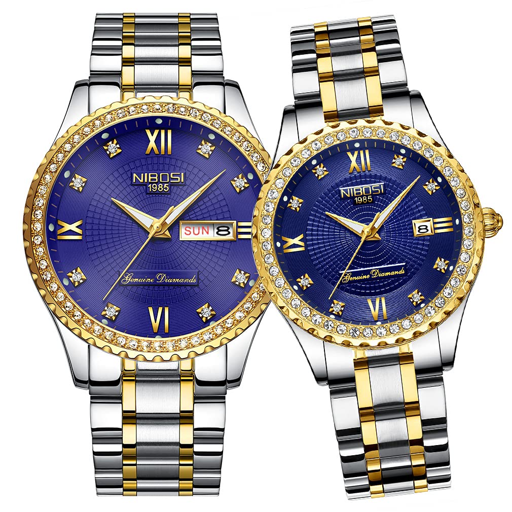 NIBOSI Luxury Diamond Couples Watches - His and Hers Matching Set, Waterproof Quartz Analog Day Date Wristwatch for Husband Wife, Valentine's Wedding Anniversary Gifts, Perfect for Romantic Dates & Special Occasions