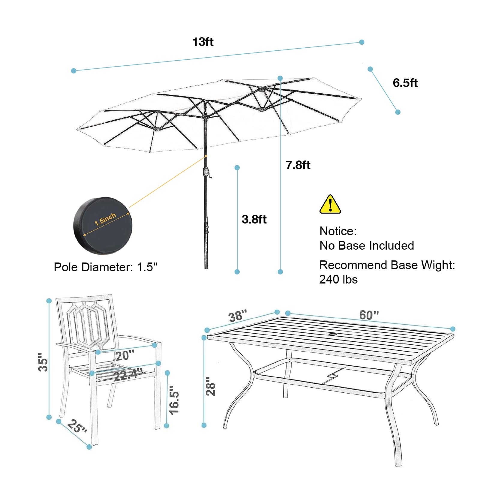 MFSTUDIO 6-Piece Patio Dining Set with Navy Blue Umbrella - Steel Frame Rectangular Table & Stackable Chairs for Outdoor Entertaining (Base Not Included) | Perfect for Backyard BBQs, Poolside Gatherings & Garden Parties