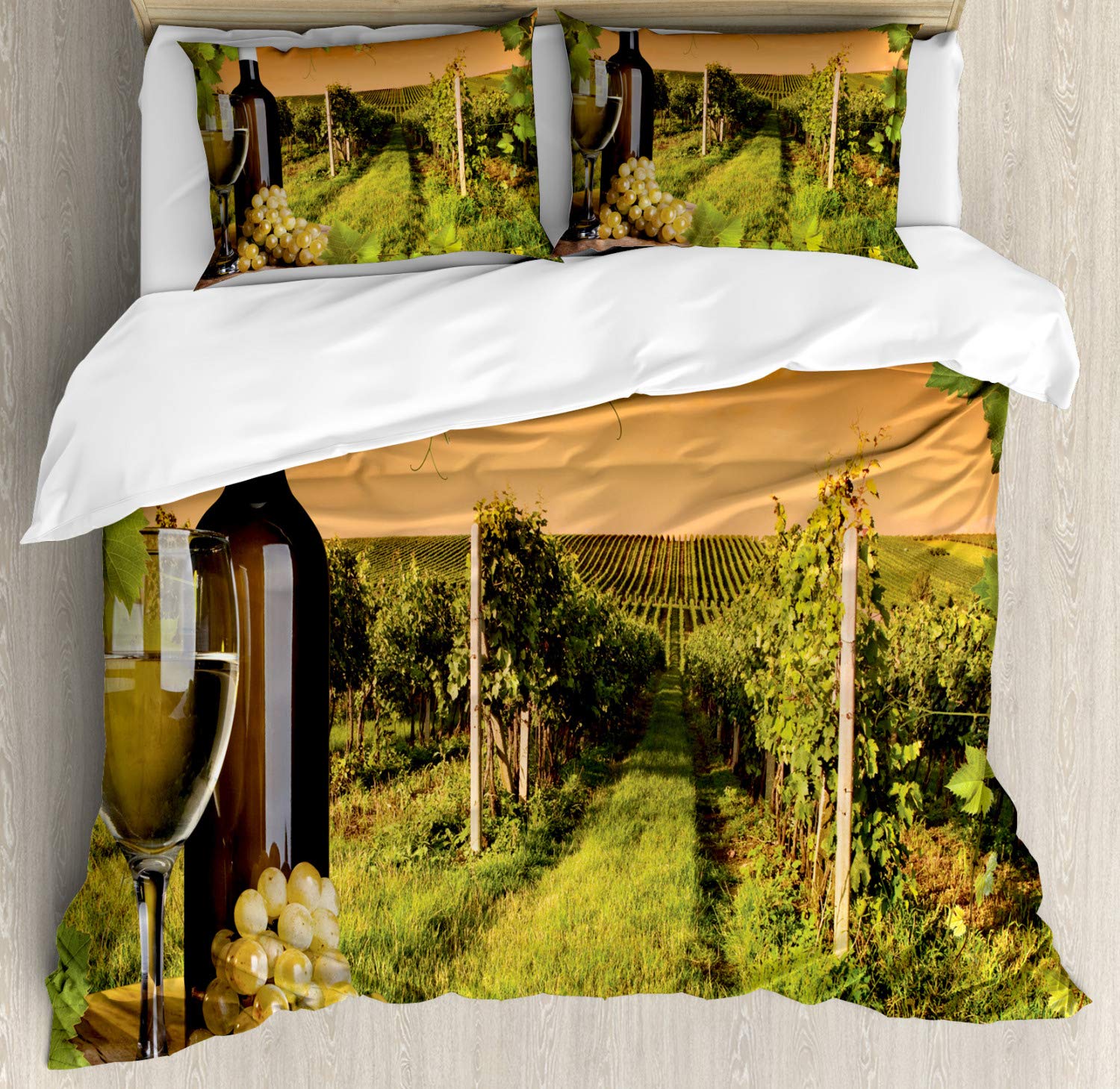 Ambesonne Winery Duvet Cover Set - Wine Bottle & Glass with Sunset Vineyard Countryside Design, Romantic 3-Piece Bedding Set with 2 Pillow Shams, California King Size in Green & Orange - Perfect for Wine Lovers' Bedrooms & Vineyard-Themed Home Decor