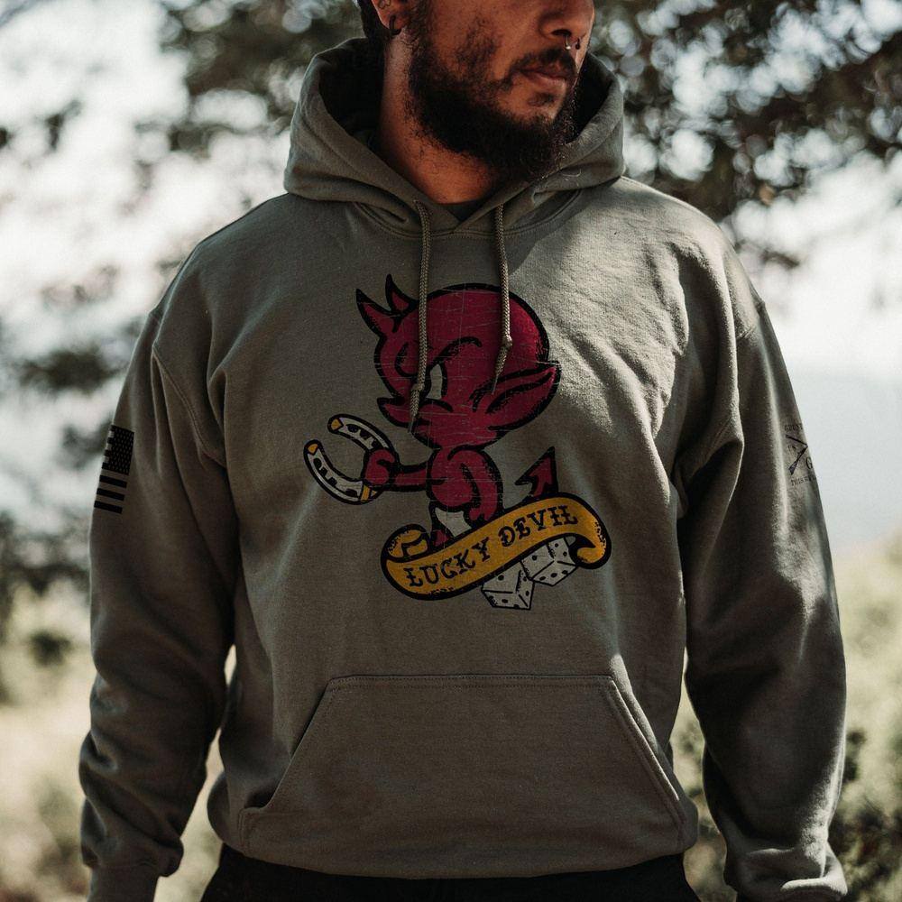 Lucky Devil Hoodie - Military Green Pullover Sweatshirt for Men & Women | Streetwear Fashion, Casual Wear, Outdoor Activities