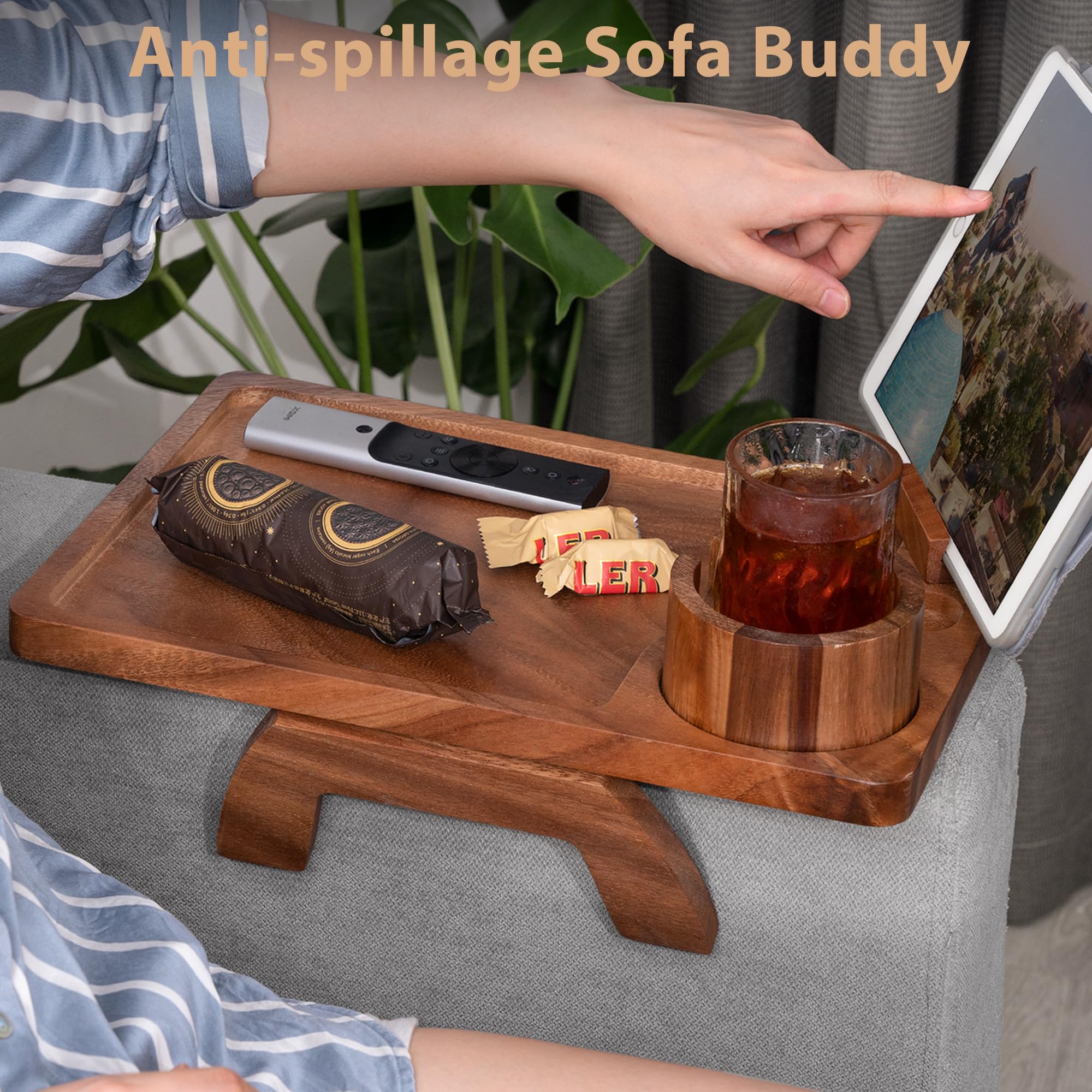**Acacia Wood Sofa Arm Tray - Portable Large Couch Cup Holder with Anti-Spill Design | Perfect for Snacks, Beverages & Remote Control | Ideal for Living Room, Bedroom & Home Theater Use**