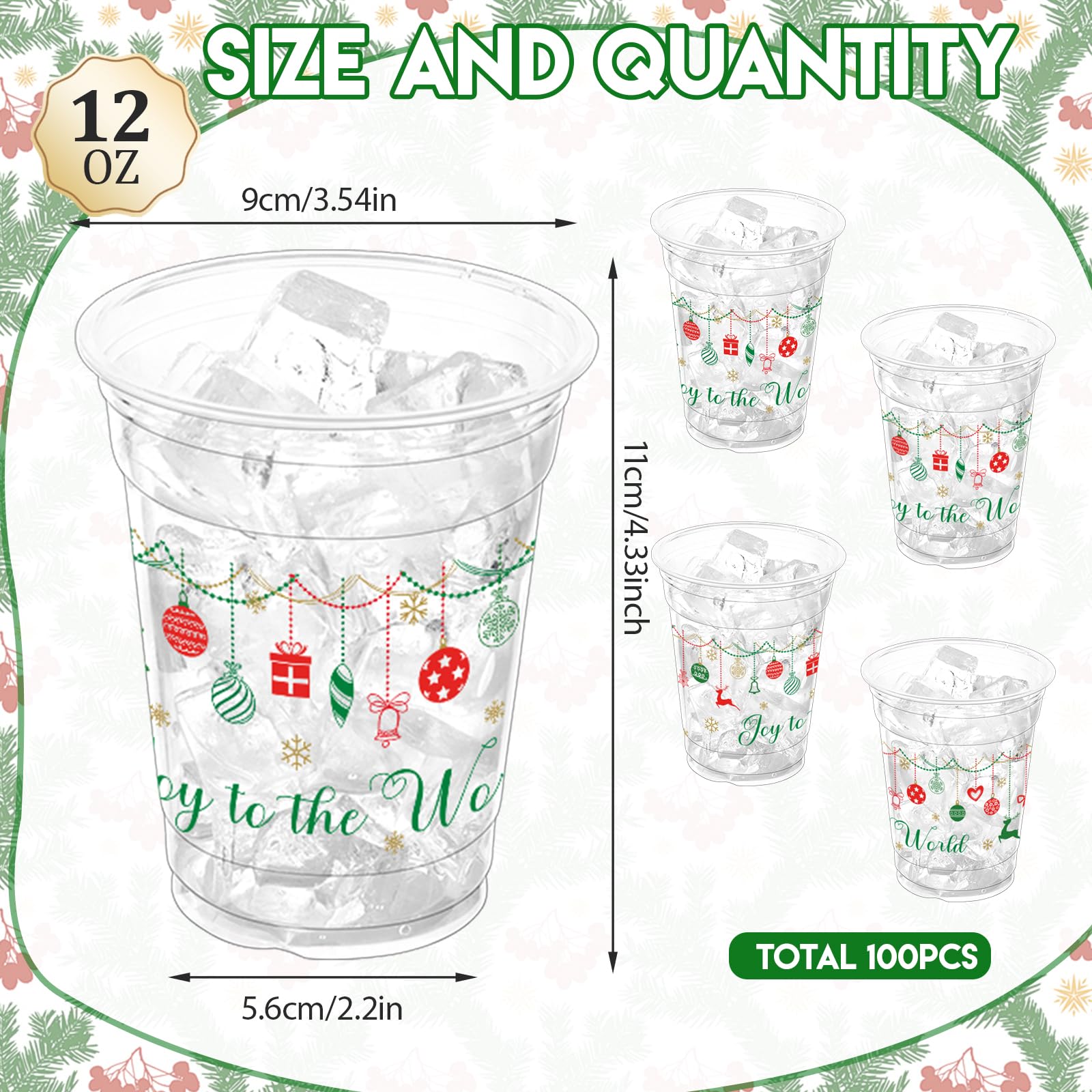 100 Pcs 12oz Christmas Disposable Plastic Cups with Holiday Ball Designs - Bulk Party Cups for Xmas Celebrations, Office Parties & Family Gatherings - Perfect for Hot/Cold Drinks at Holiday Events
