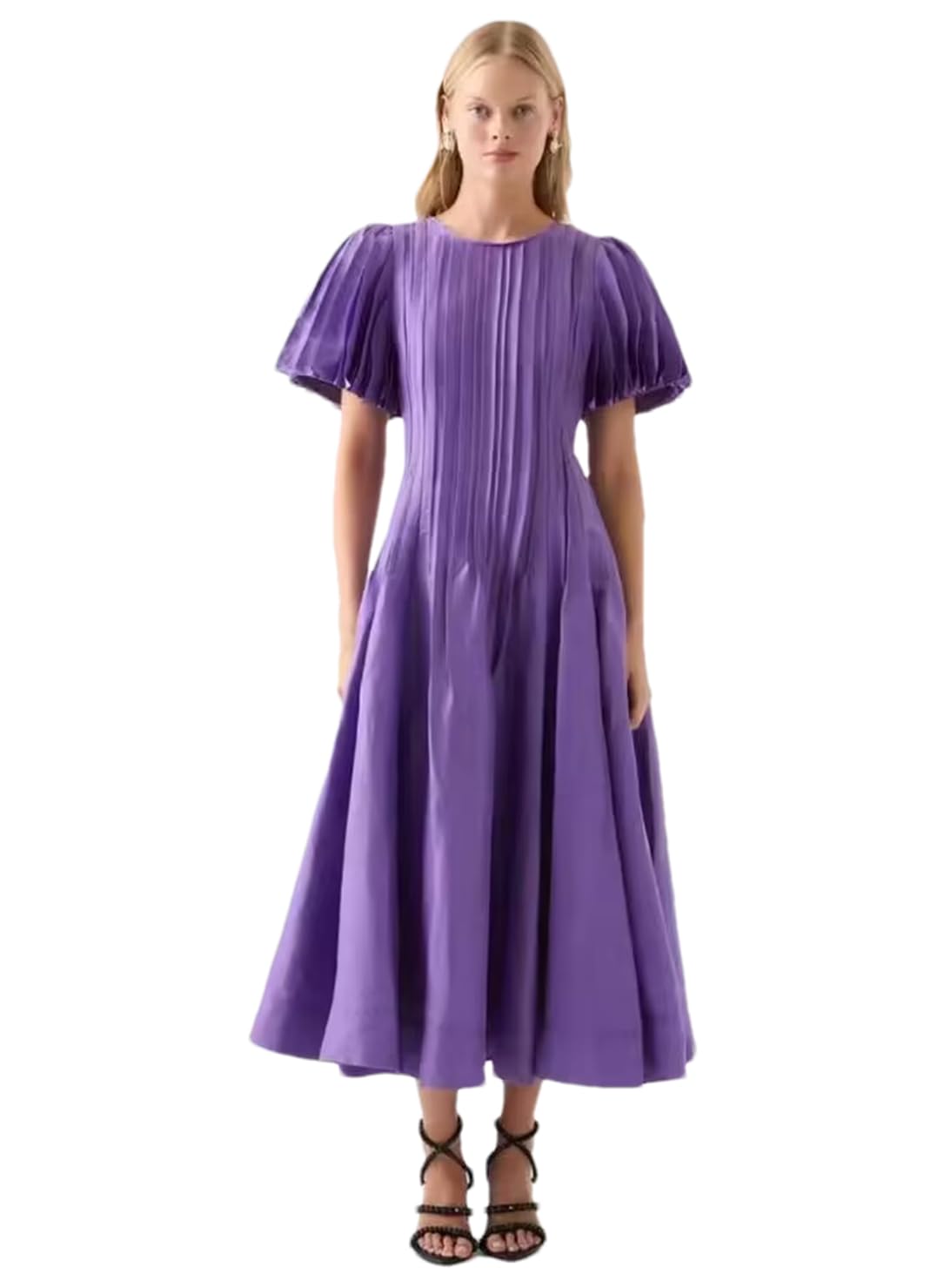 Women's Flowy Flare Sleeve Pleated Maxi Dress - High Waist Loose Fit Summer Dress for Casual Outings, Beach Vacations & Date Nights